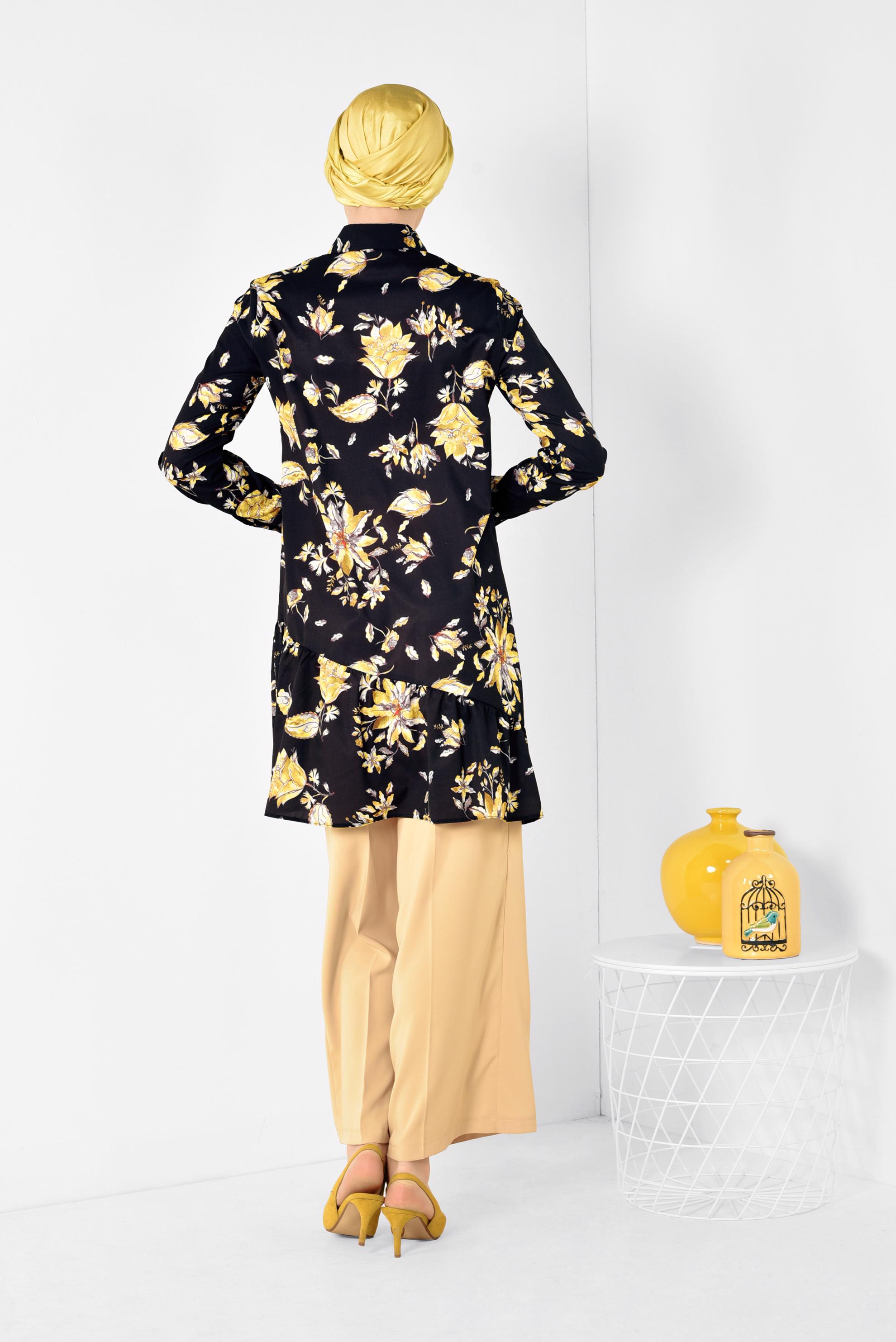 Tesettür giyim SİYAH ÖNDEN DÜĞMELİ ÇİÇEKLİ TUNİK 4911