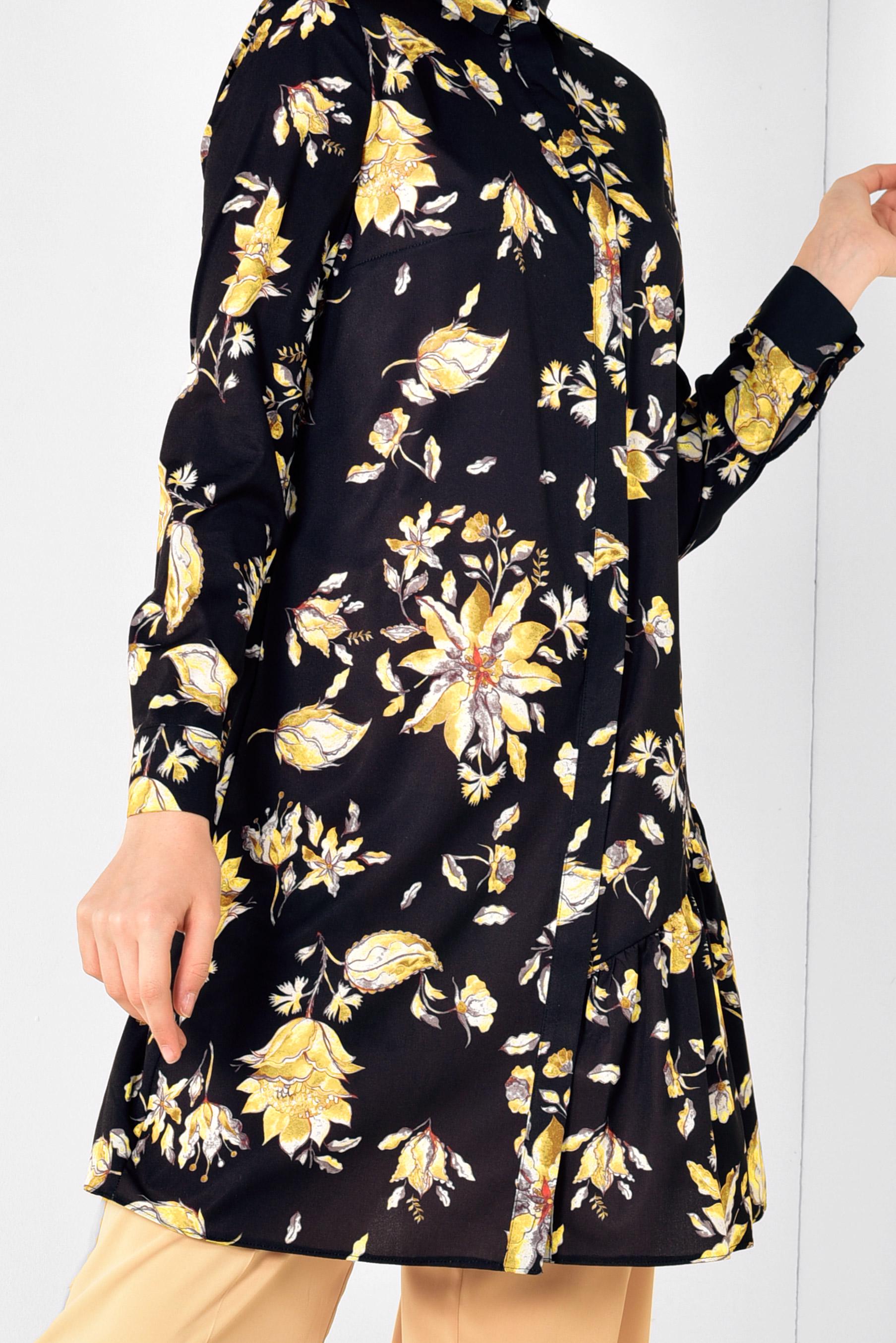 Tesettür giyim SİYAH ÖNDEN DÜĞMELİ ÇİÇEKLİ TUNİK 4911