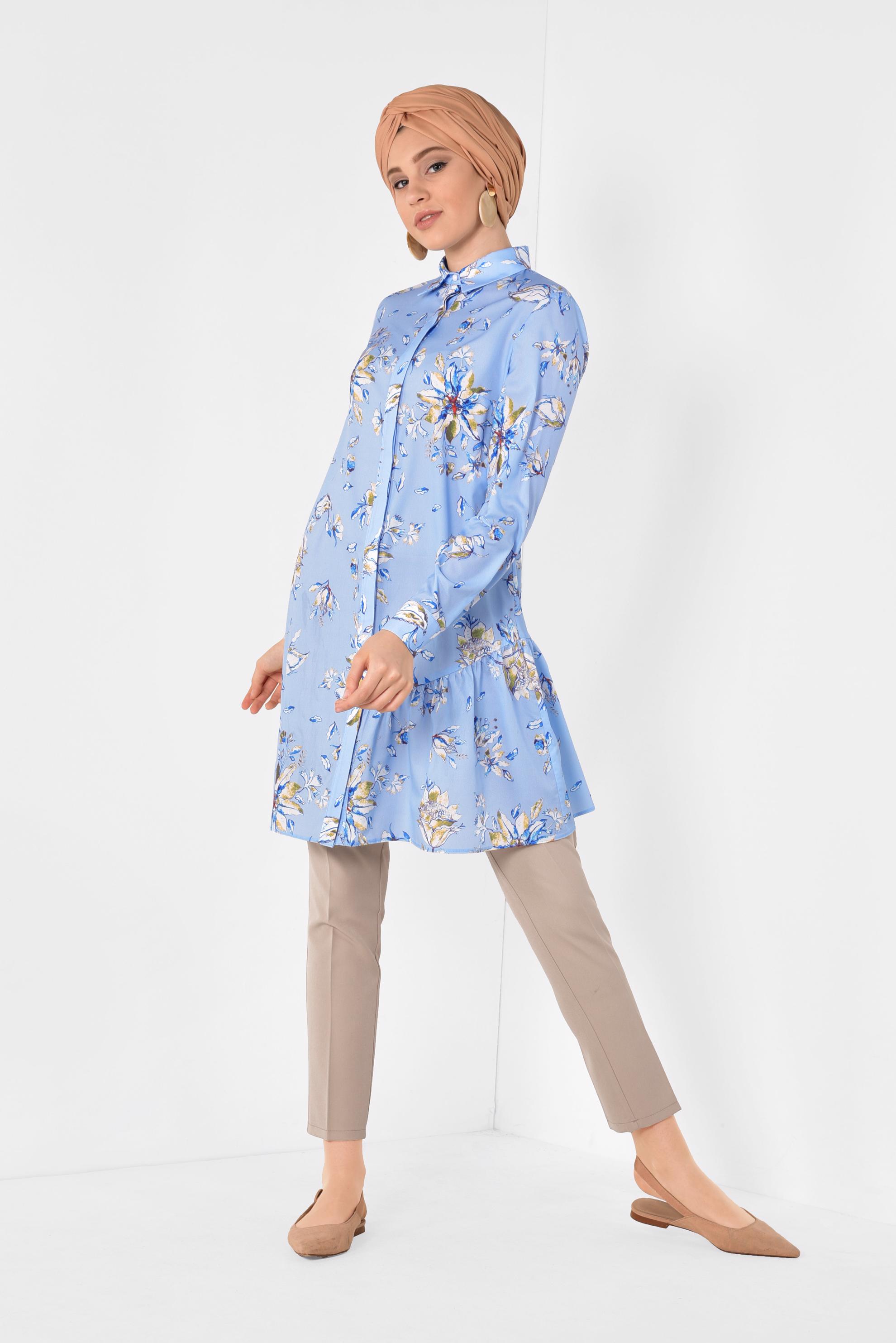Tesettür giyim MAVİ ÖNDEN DÜĞMELİ ÇİÇEKLİ TUNİK 4911