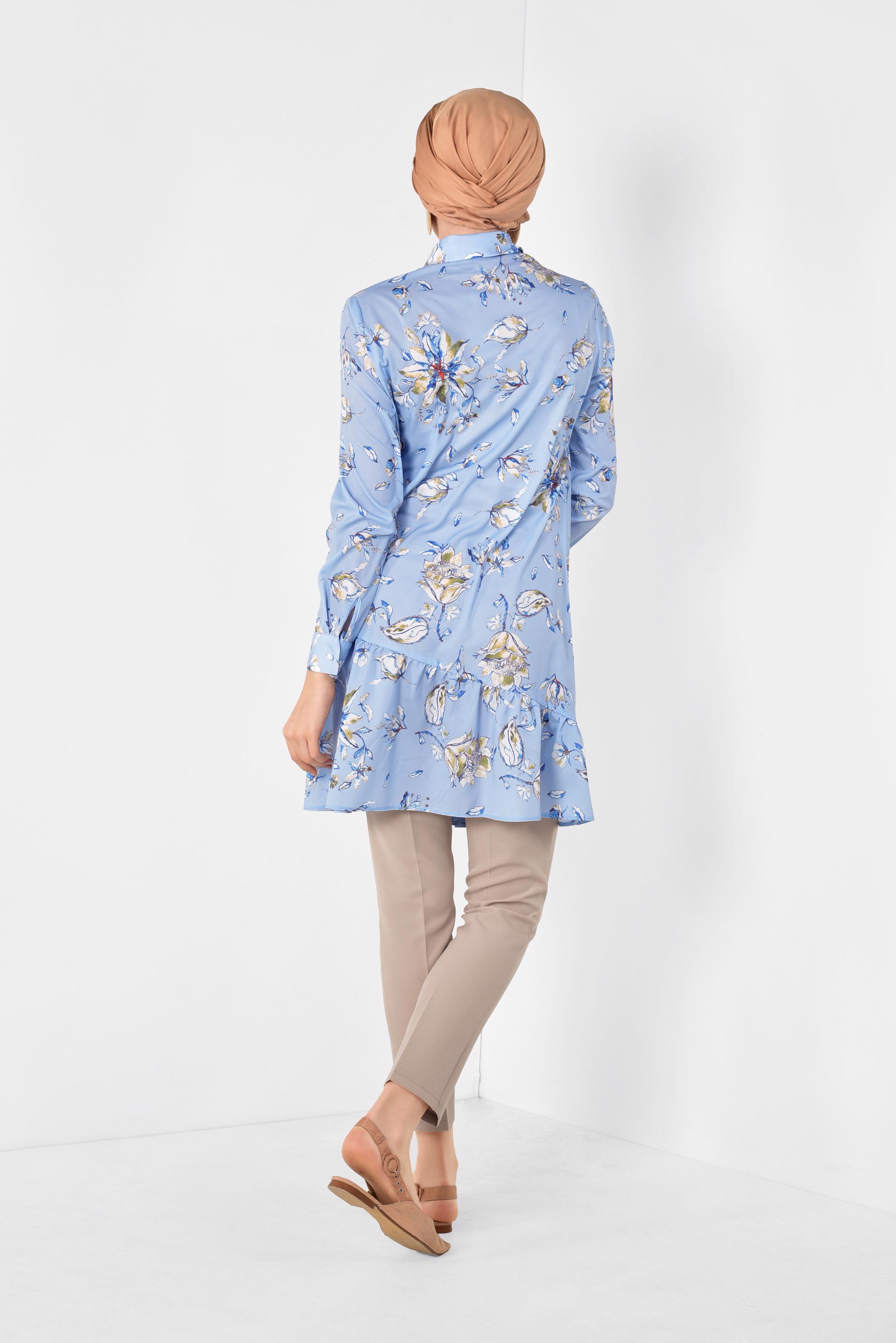 Tesettür giyim MAVİ ÖNDEN DÜĞMELİ ÇİÇEKLİ TUNİK 4911