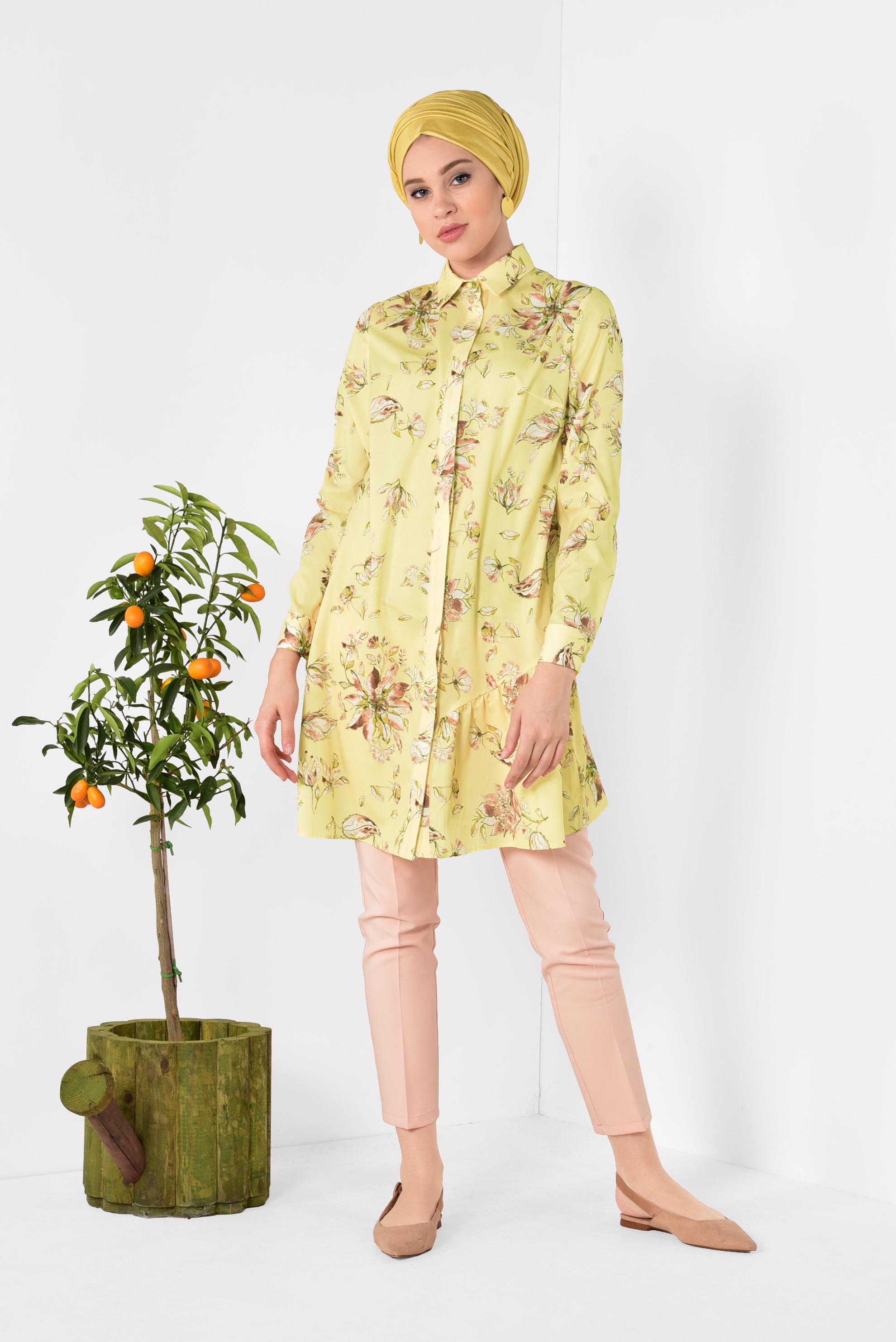 Tesettür giyim SARI ÖNDEN DÜĞMELİ ÇİÇEKLİ TUNİK 4911