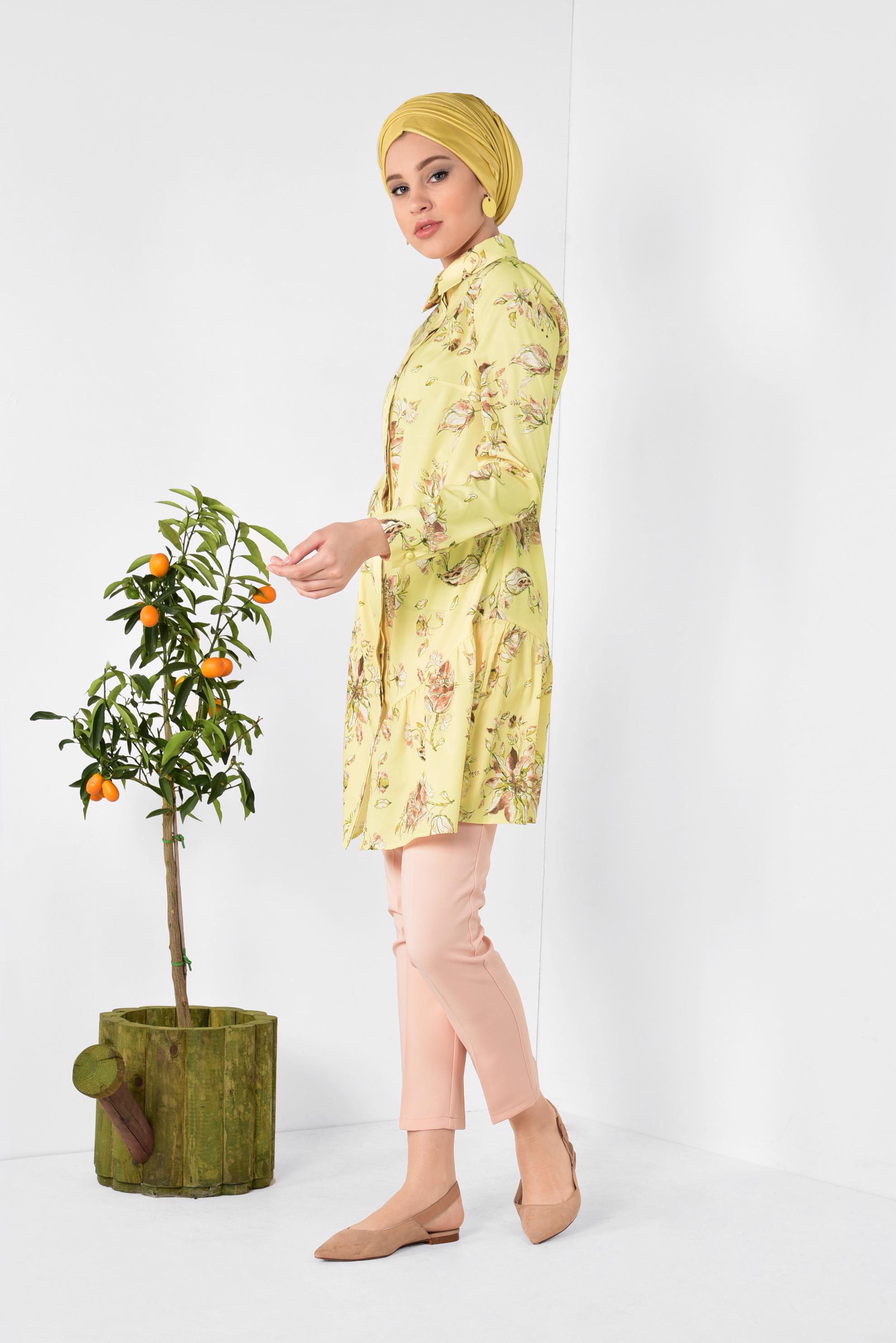 Tesettür giyim SARI ÖNDEN DÜĞMELİ ÇİÇEKLİ TUNİK 4911