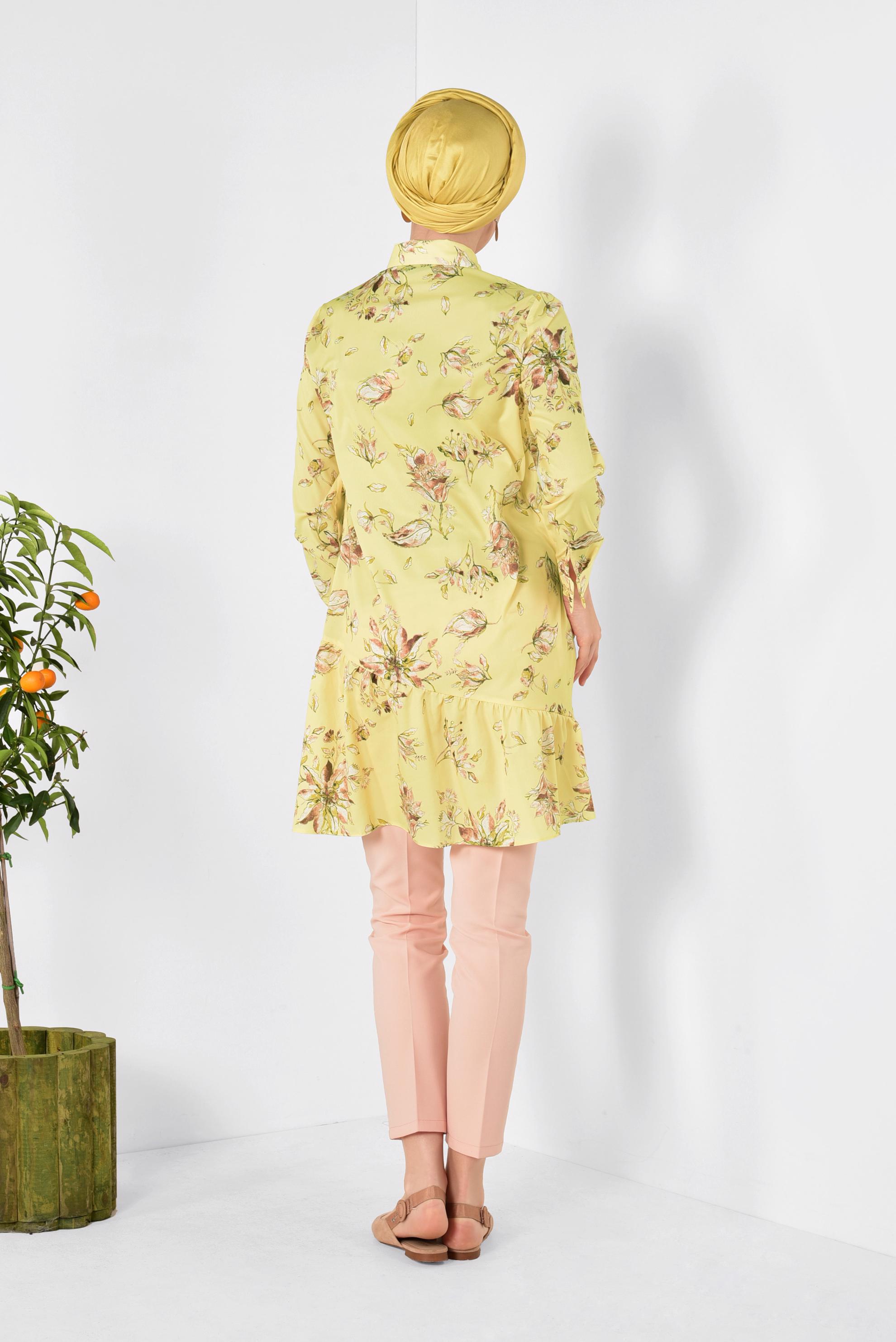 Tesettür giyim SARI ÖNDEN DÜĞMELİ ÇİÇEKLİ TUNİK 4911