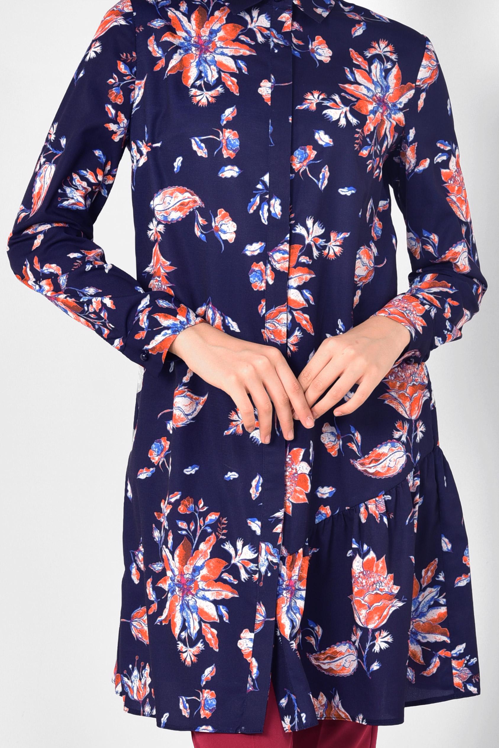 Tesettür giyim LACİVERT ÖNDEN DÜĞMELİ ÇİÇEKLİ TUNİK 4911