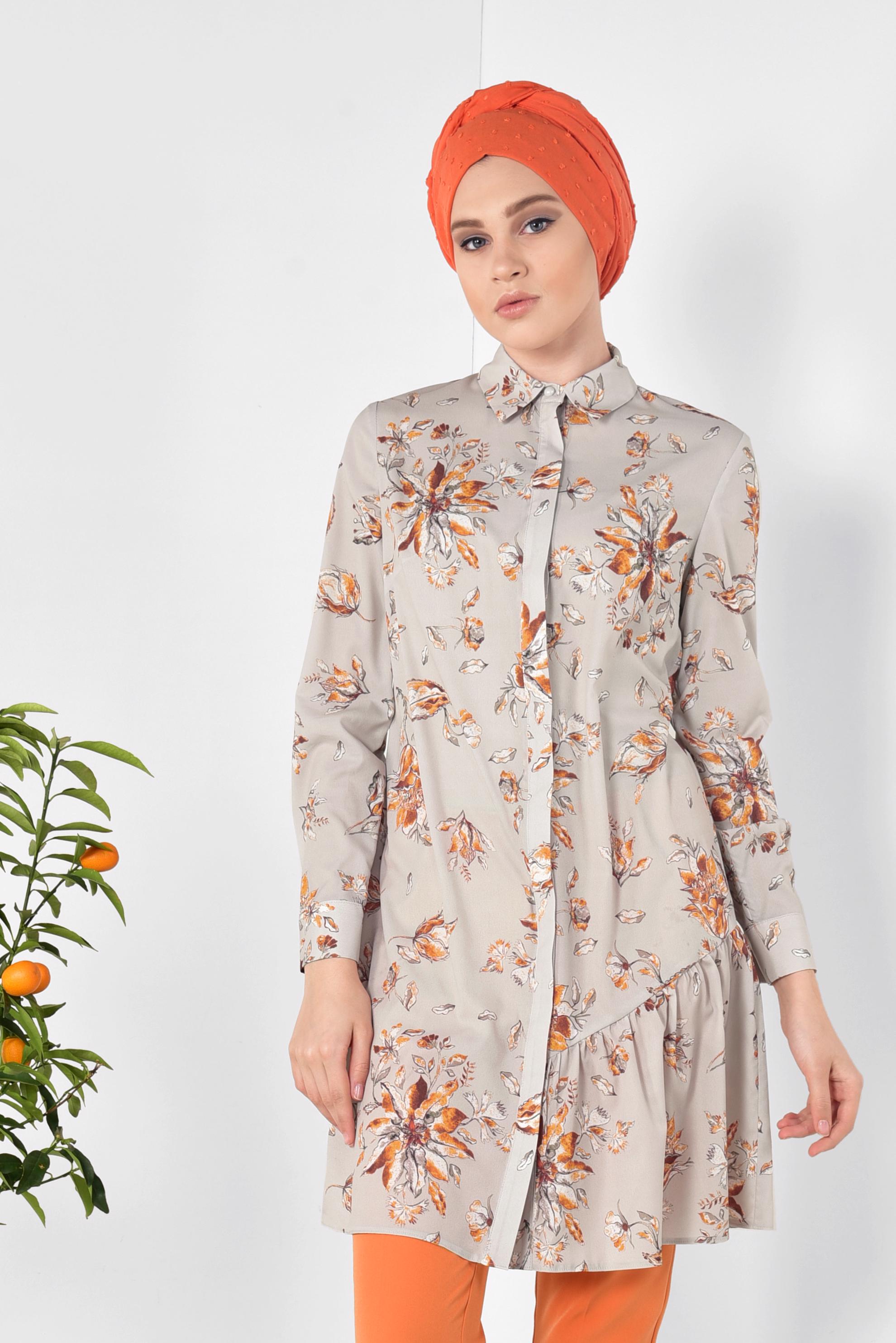 Tesettür giyim BEJ ÖNDEN DÜĞMELİ ÇİÇEKLİ TUNİK 4911