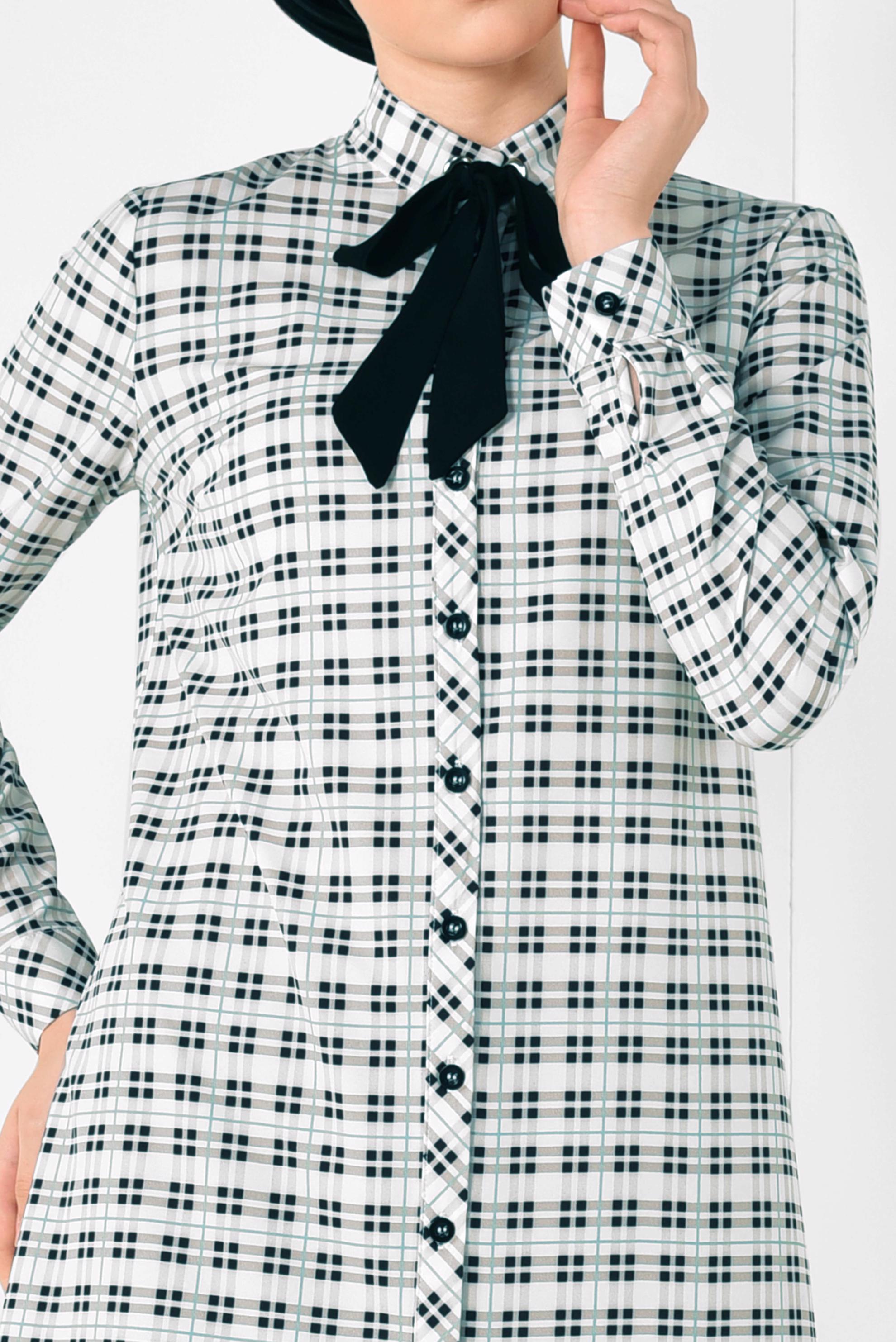 Tesettür giyim BEJ YAKASI BAĞCIKLI EKOSE DESENLİ TUNİK 4912