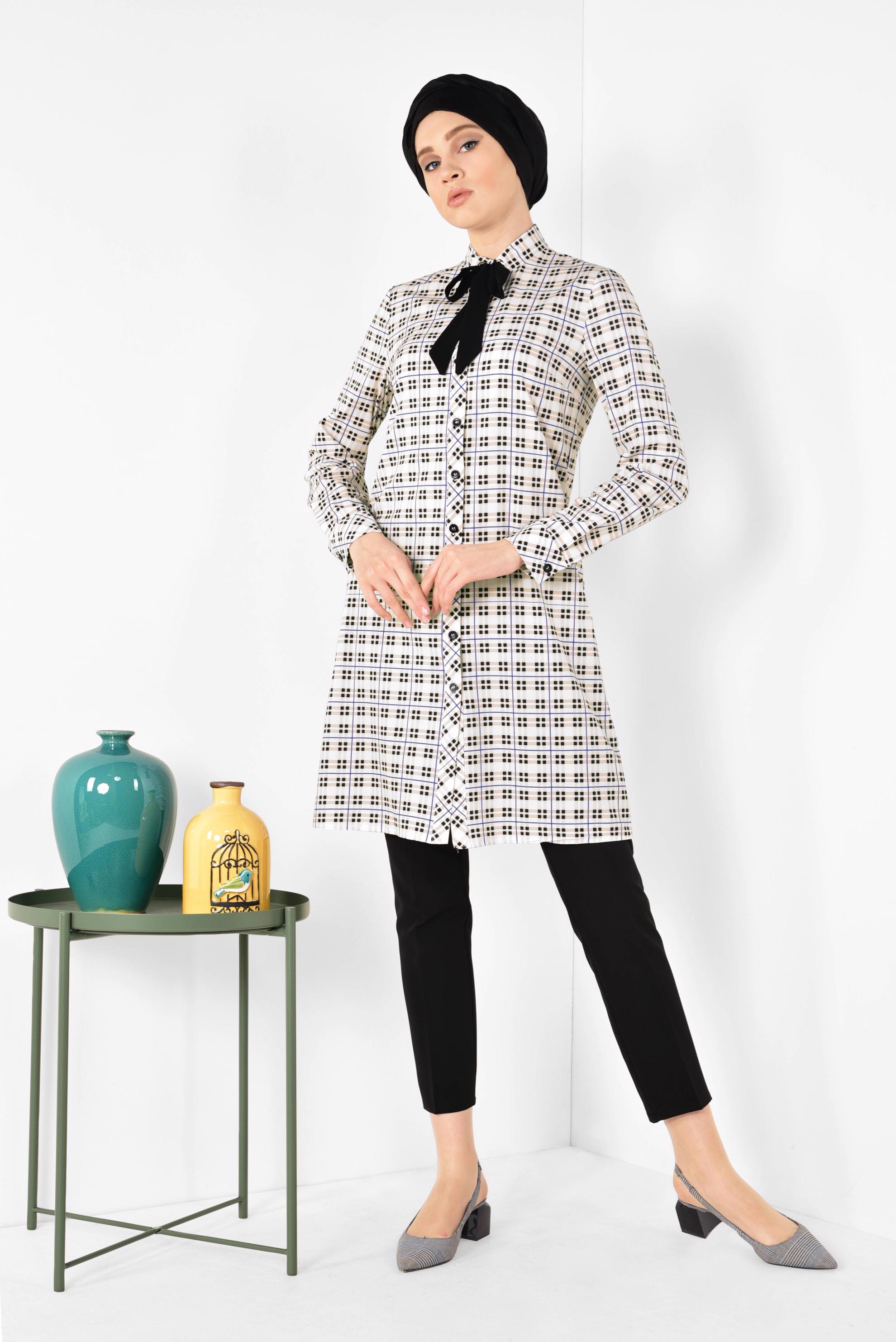 Tesettür giyim PUDRA YAKASI BAĞCIKLI EKOSE DESENLİ TUNİK 4912