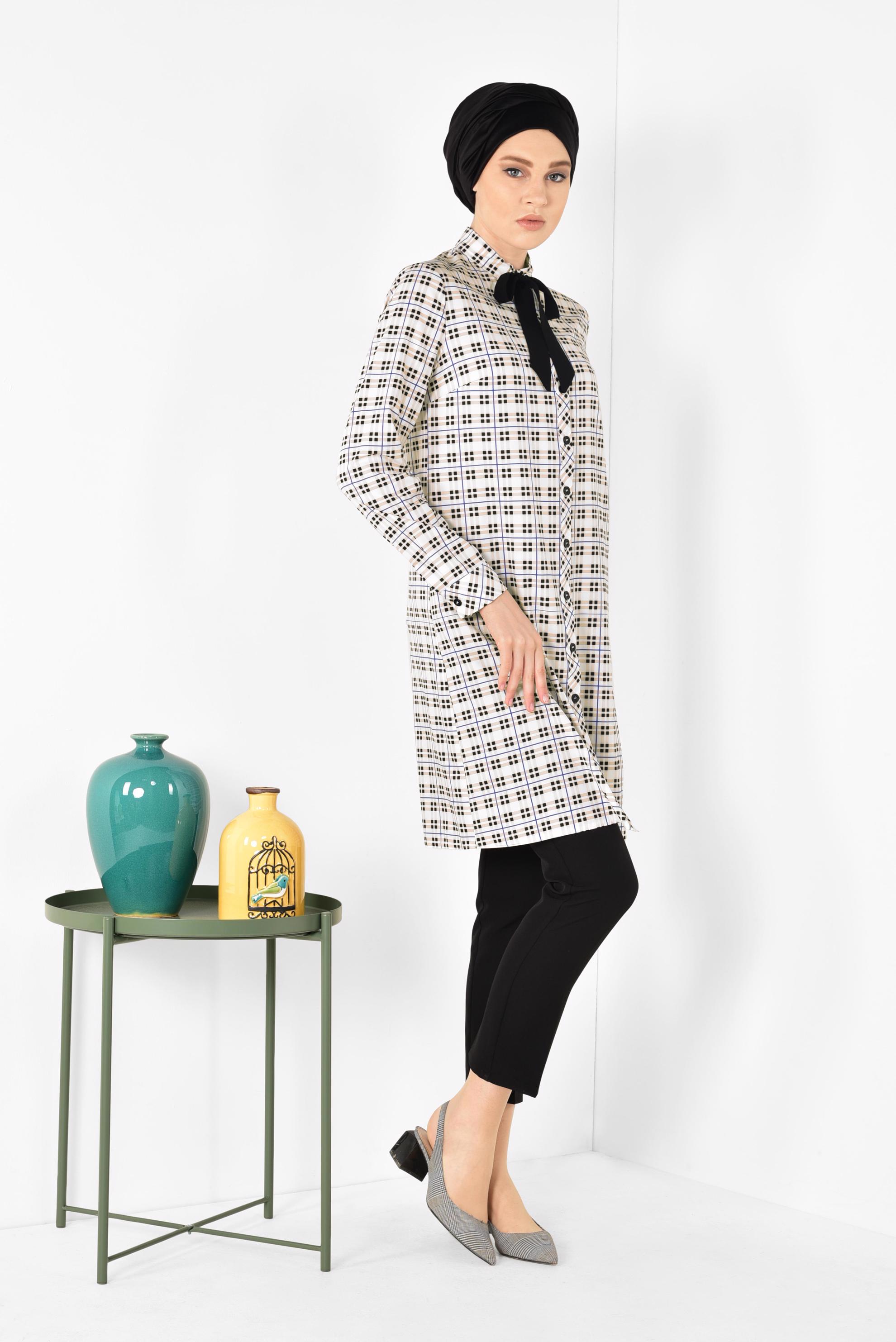 Tesettür giyim PUDRA YAKASI BAĞCIKLI EKOSE DESENLİ TUNİK 4912