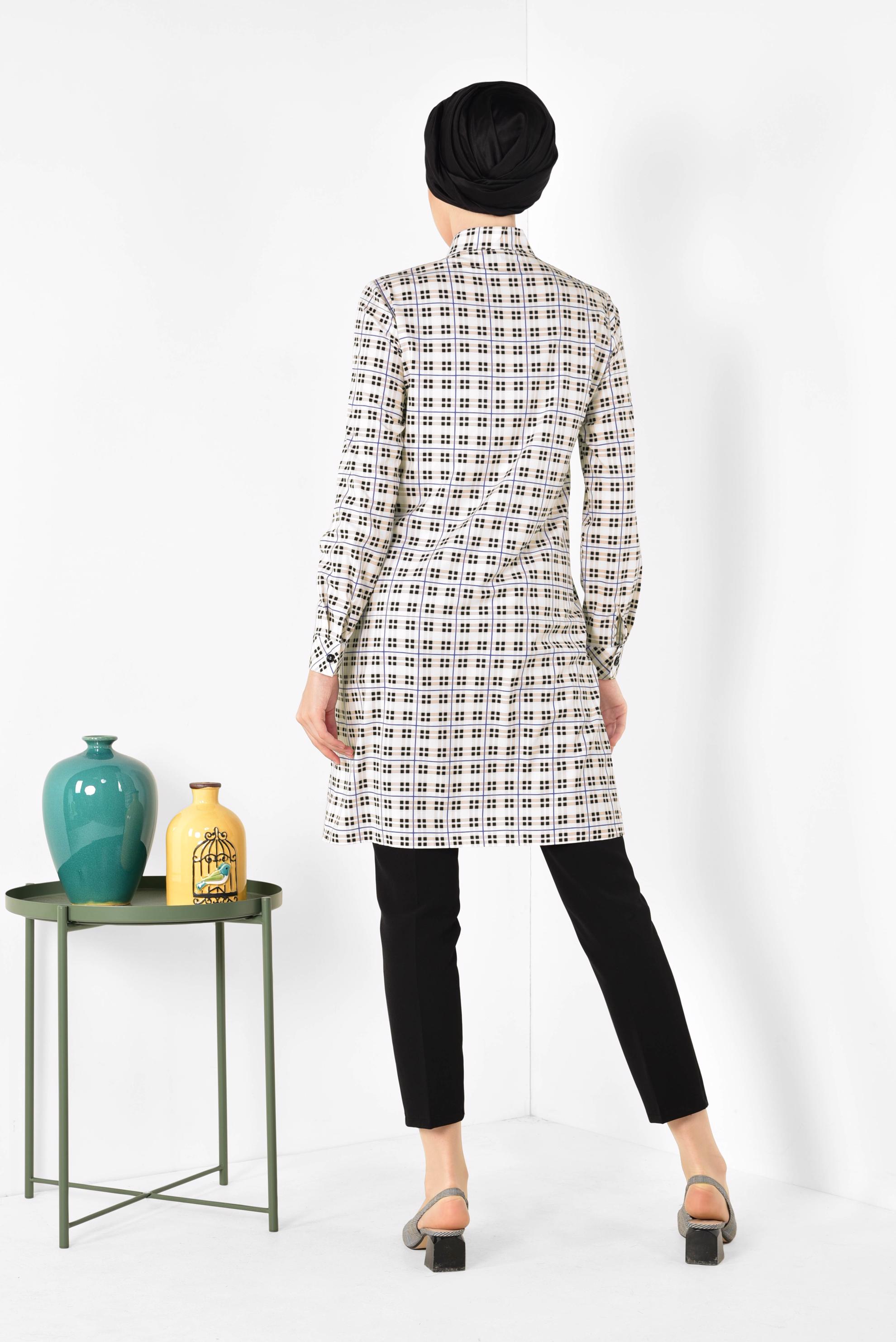 Tesettür giyim PUDRA YAKASI BAĞCIKLI EKOSE DESENLİ TUNİK 4912