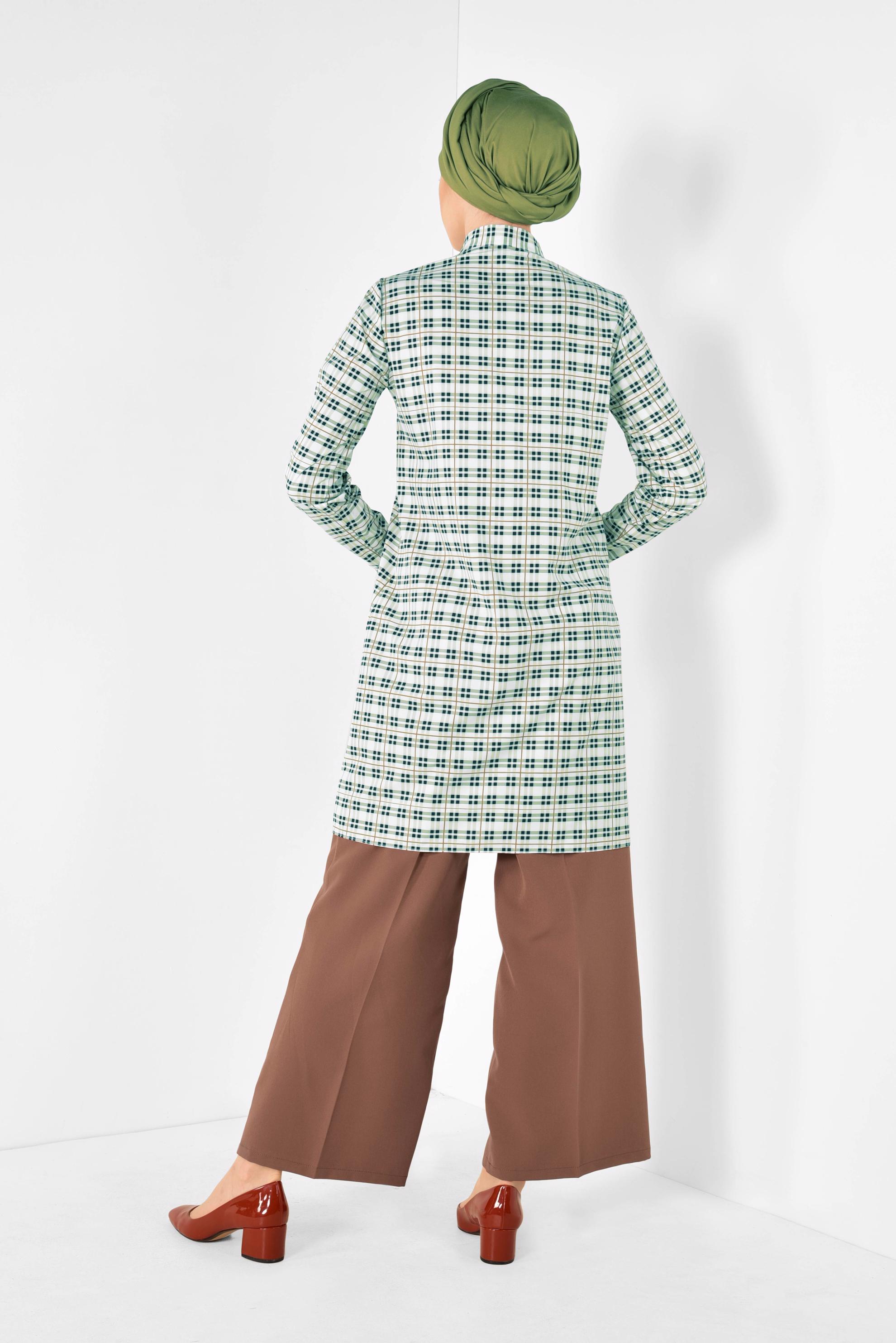 Tesettür giyim YEŞİL YAKASI BAĞCIKLI EKOSE DESENLİ TUNİK 4912