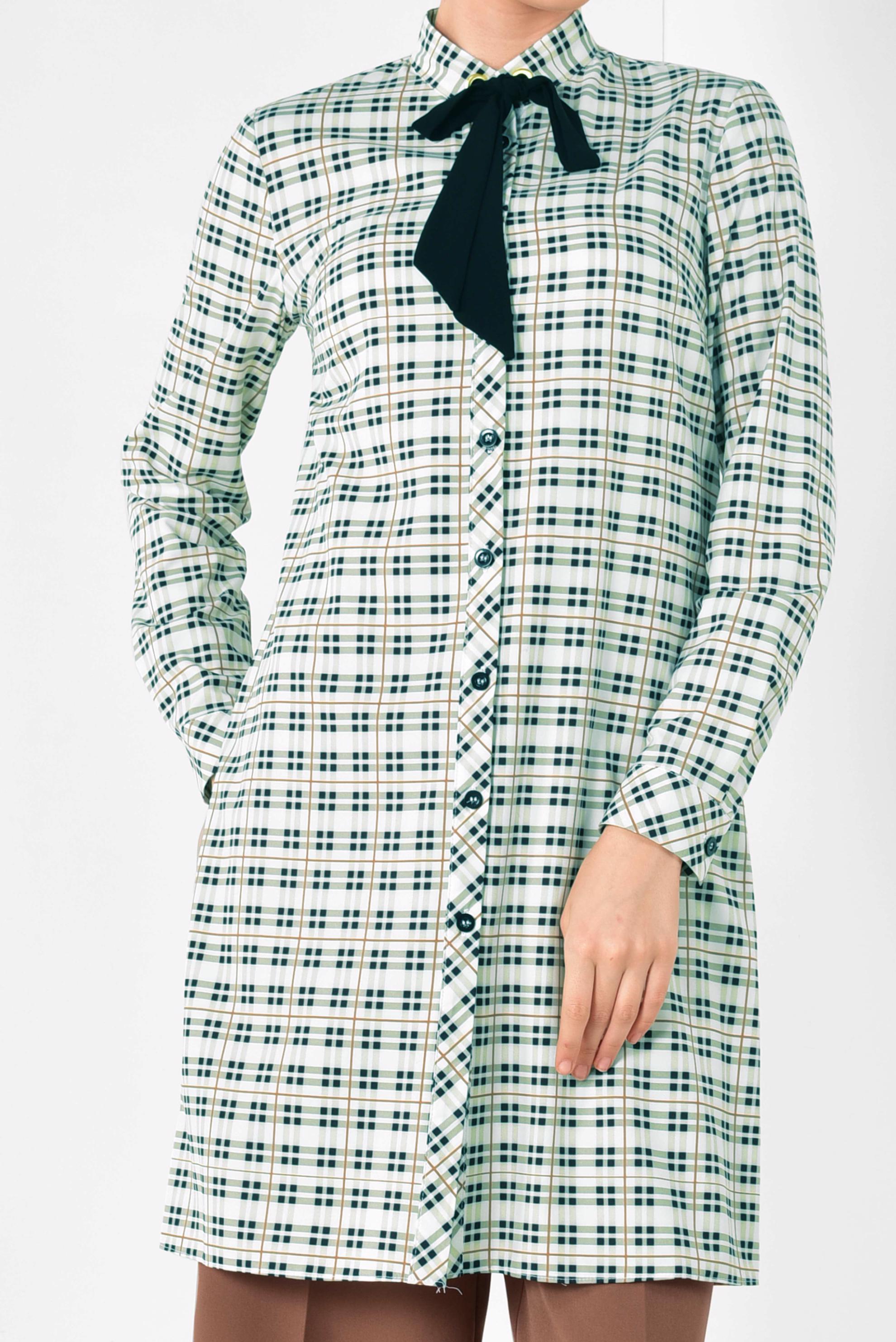 Tesettür giyim YEŞİL YAKASI BAĞCIKLI EKOSE DESENLİ TUNİK 4912