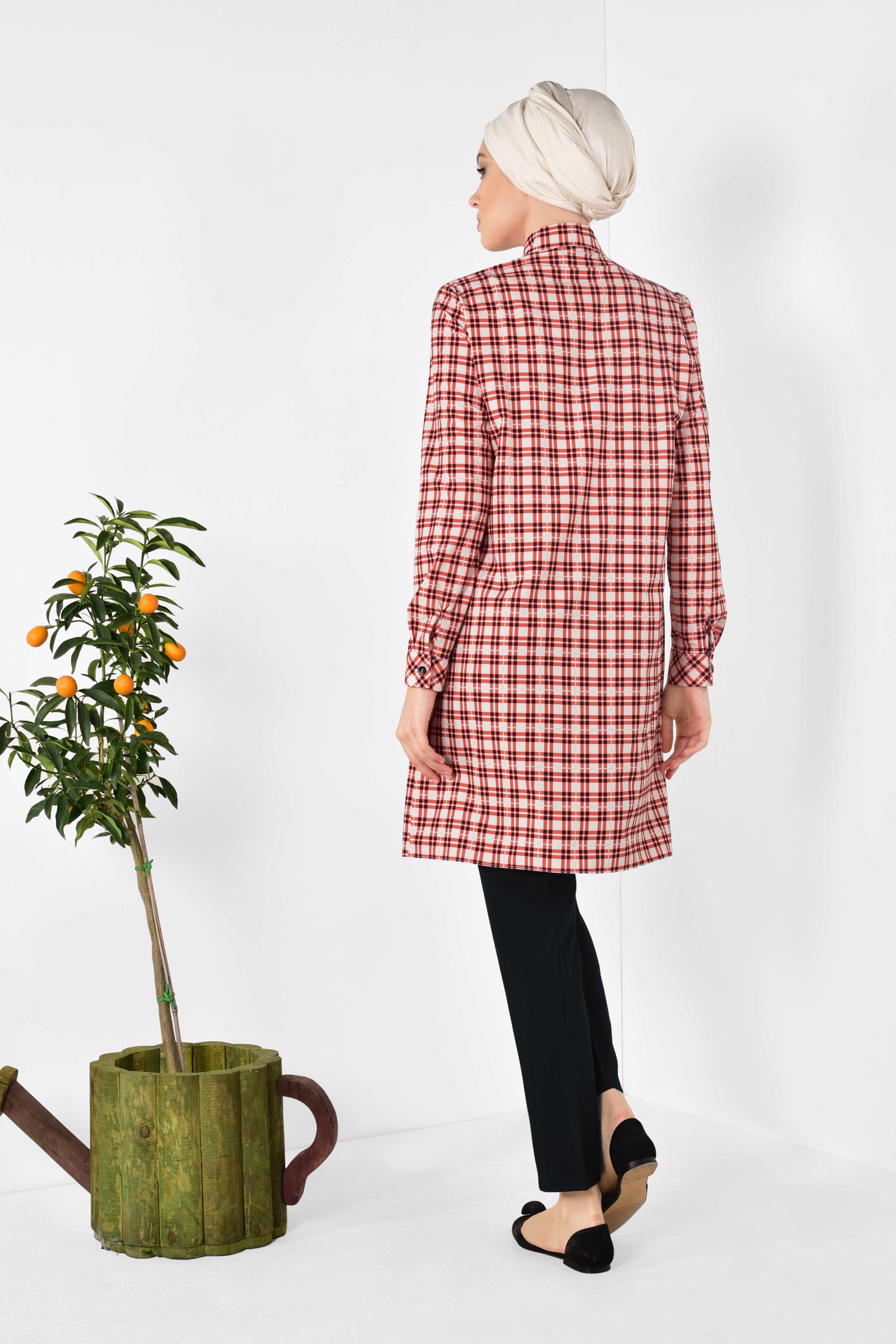 Tesettür giyim KIRMIZI YAKASI BAĞCIKLI EKOSE DESENLİ TUNİK 4912