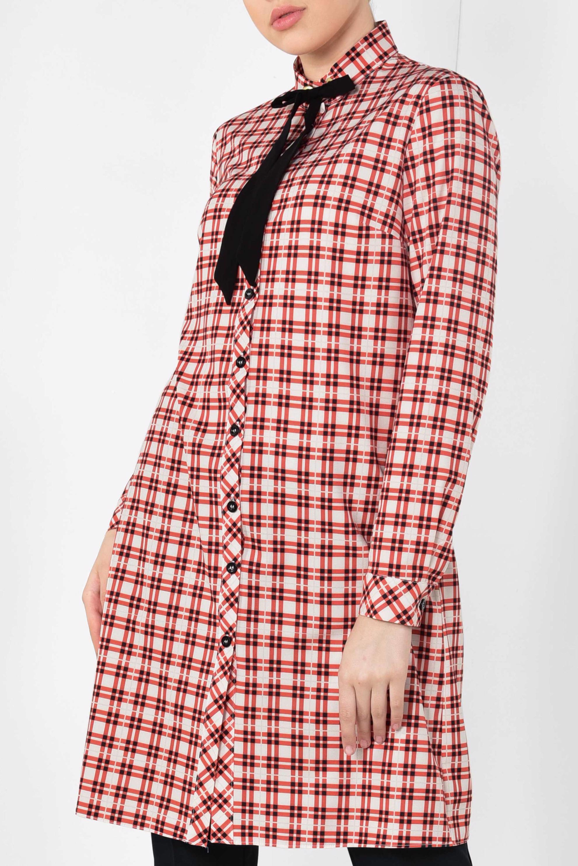 Tesettür giyim KIRMIZI YAKASI BAĞCIKLI EKOSE DESENLİ TUNİK 4912