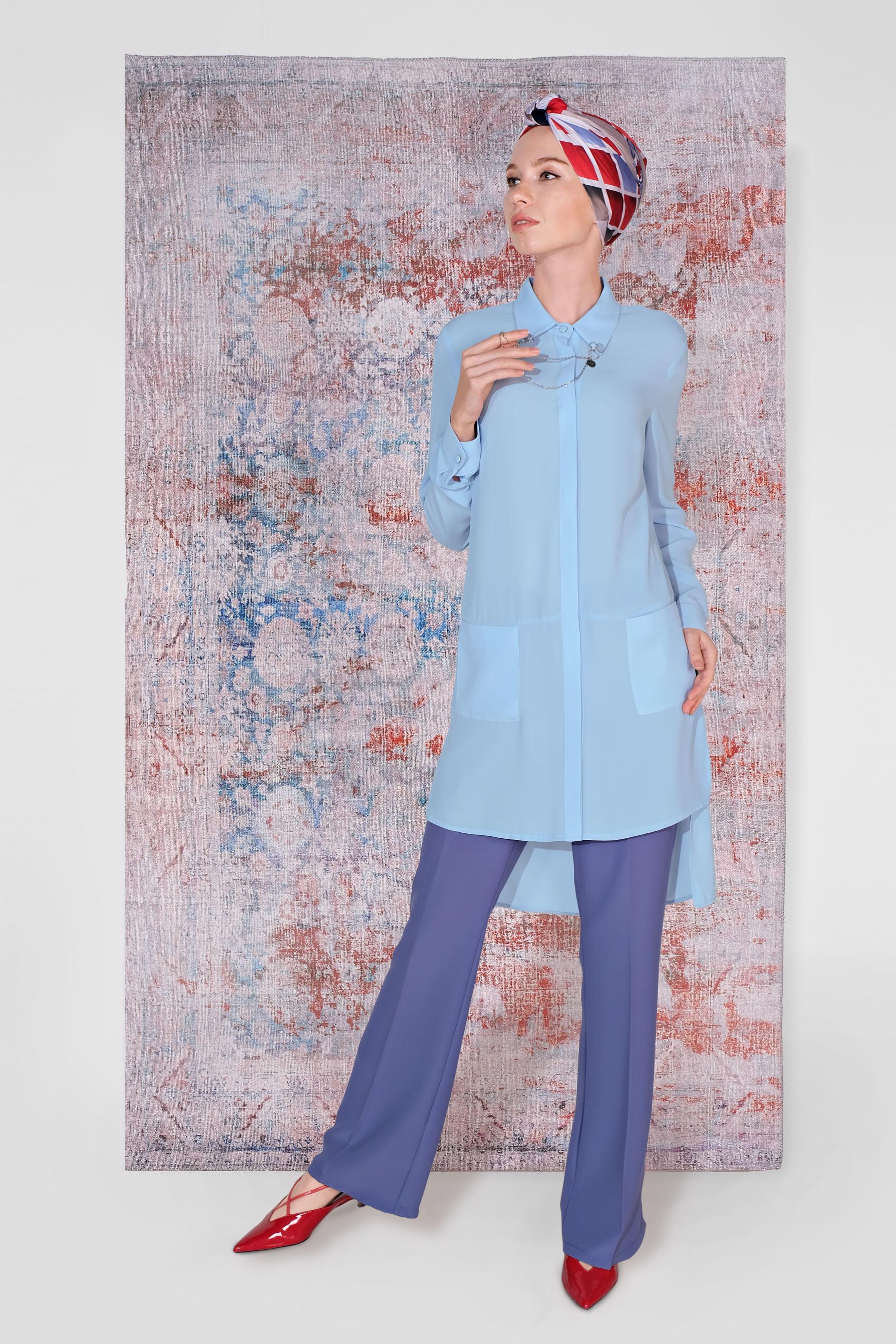 Tesettür giyim MAVİ YAKA DETAYLI ÖNÜ KISA ARKASI UZUN TUNİK 4925