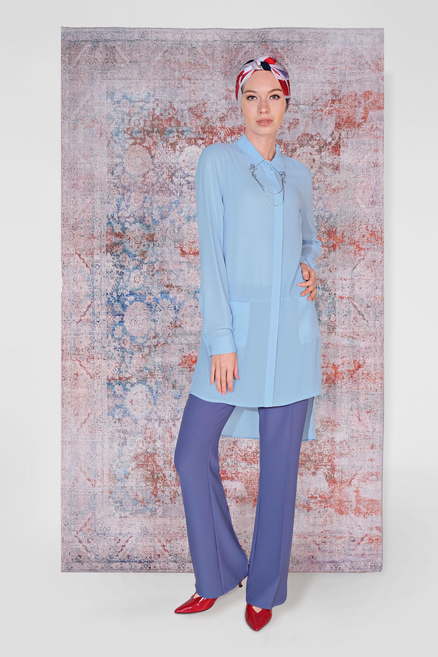 Tesettür giyim MAVİ YAKA DETAYLI ÖNÜ KISA ARKASI UZUN TUNİK 4925