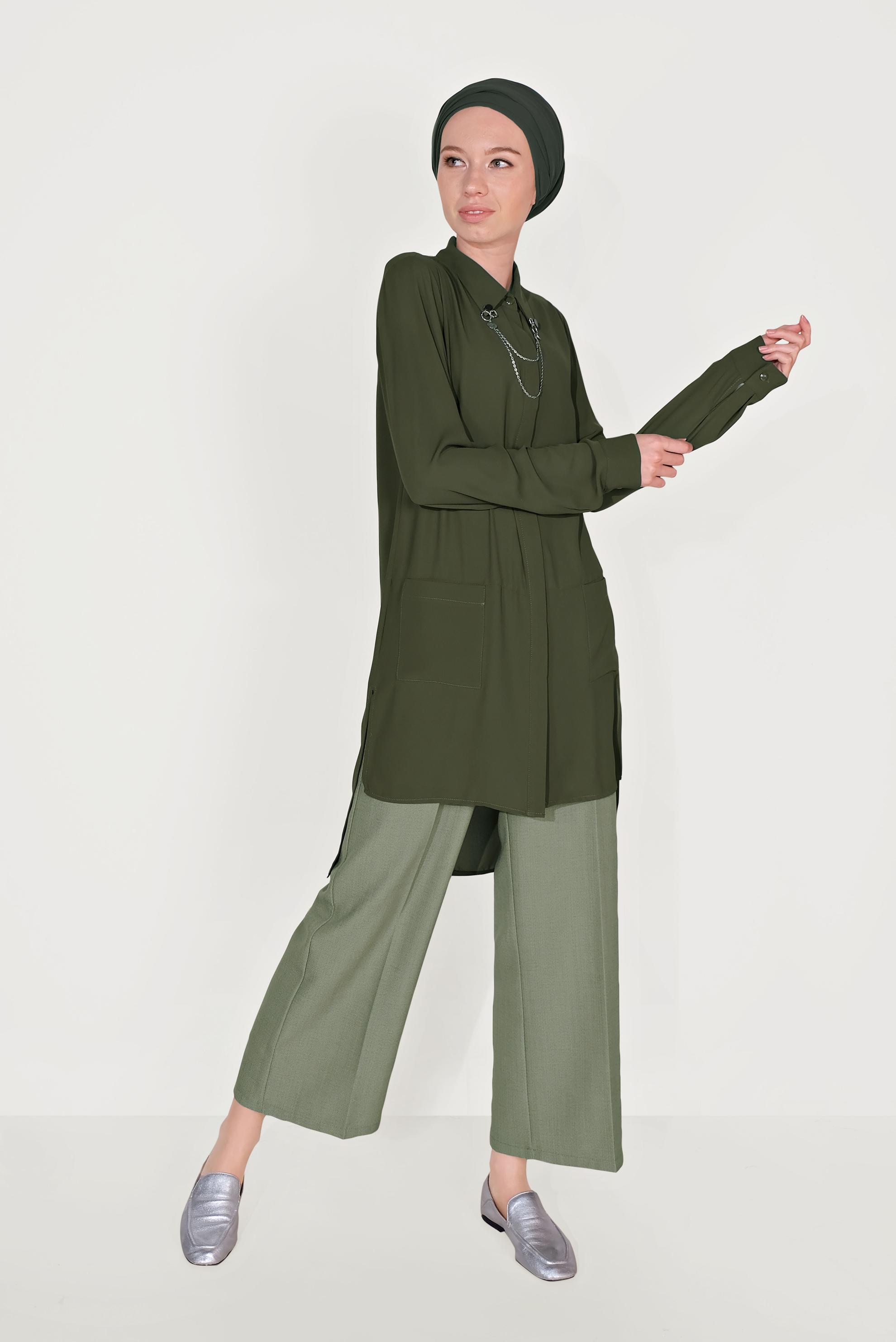 Tesettür giyim HAKİ YAKA DETAYLI ÖNÜ KISA ARKASI UZUN TUNİK 4925