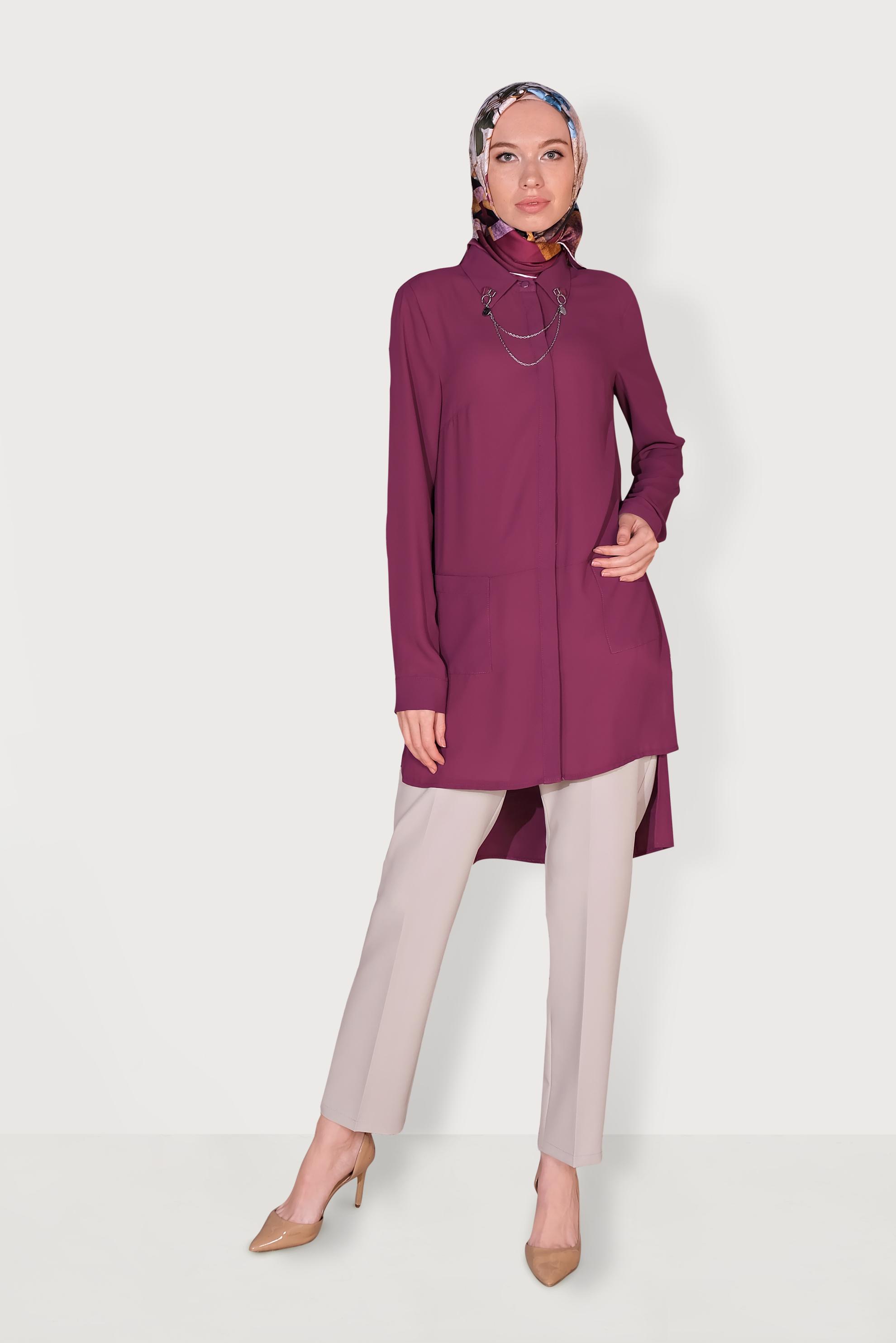 Tesettür giyim MOR YAKA DETAYLI ÖNÜ KISA ARKASI UZUN TUNİK 4925