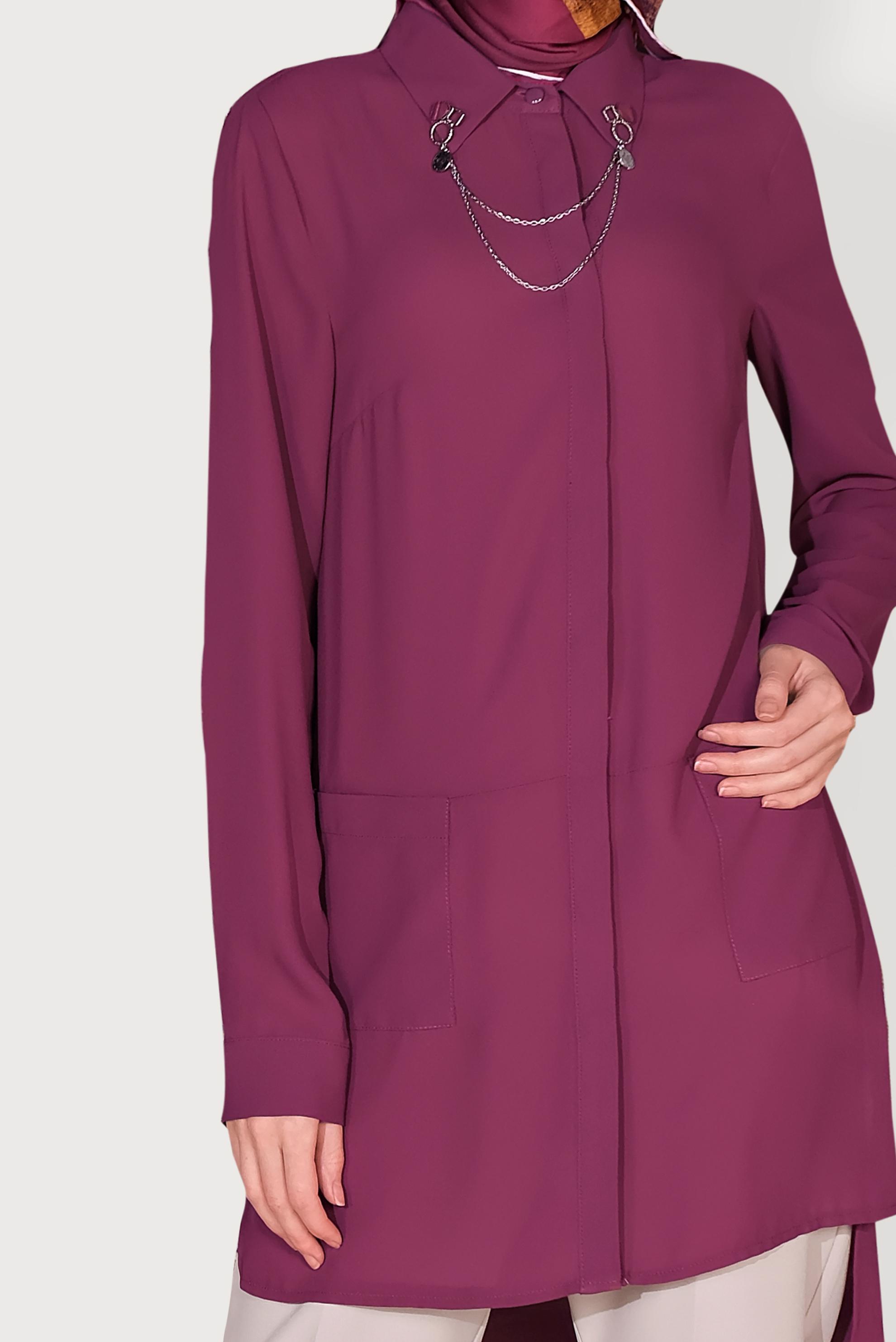 Tesettür giyim MOR YAKA DETAYLI ÖNÜ KISA ARKASI UZUN TUNİK 4925