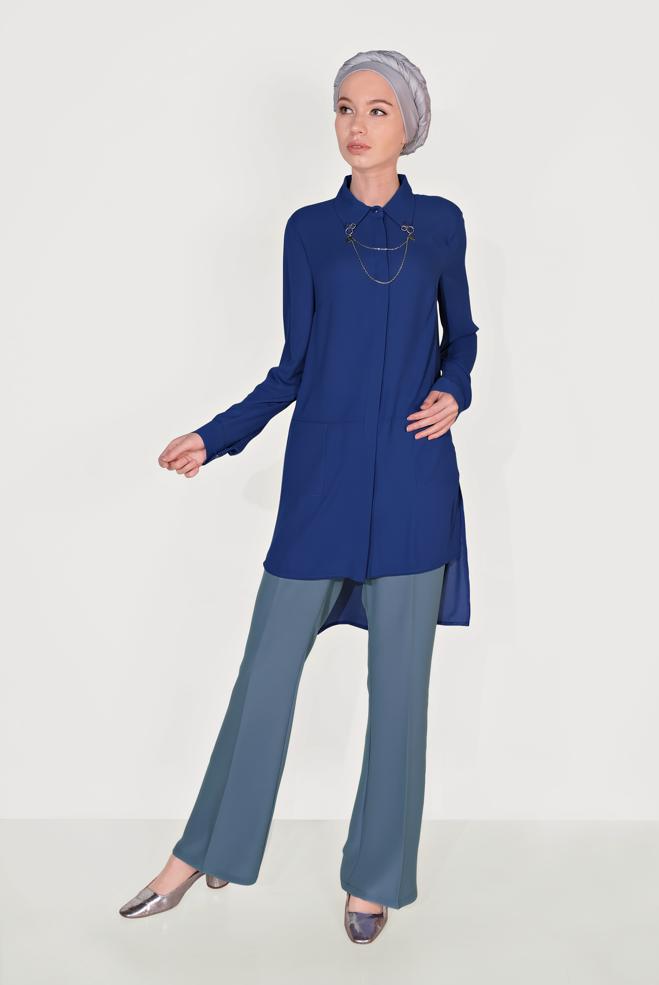 Tesettür giyim  YAKA DETAYLI ÖNÜ KISA ARKASI UZUN TUNİK 4925 - ALVİNA