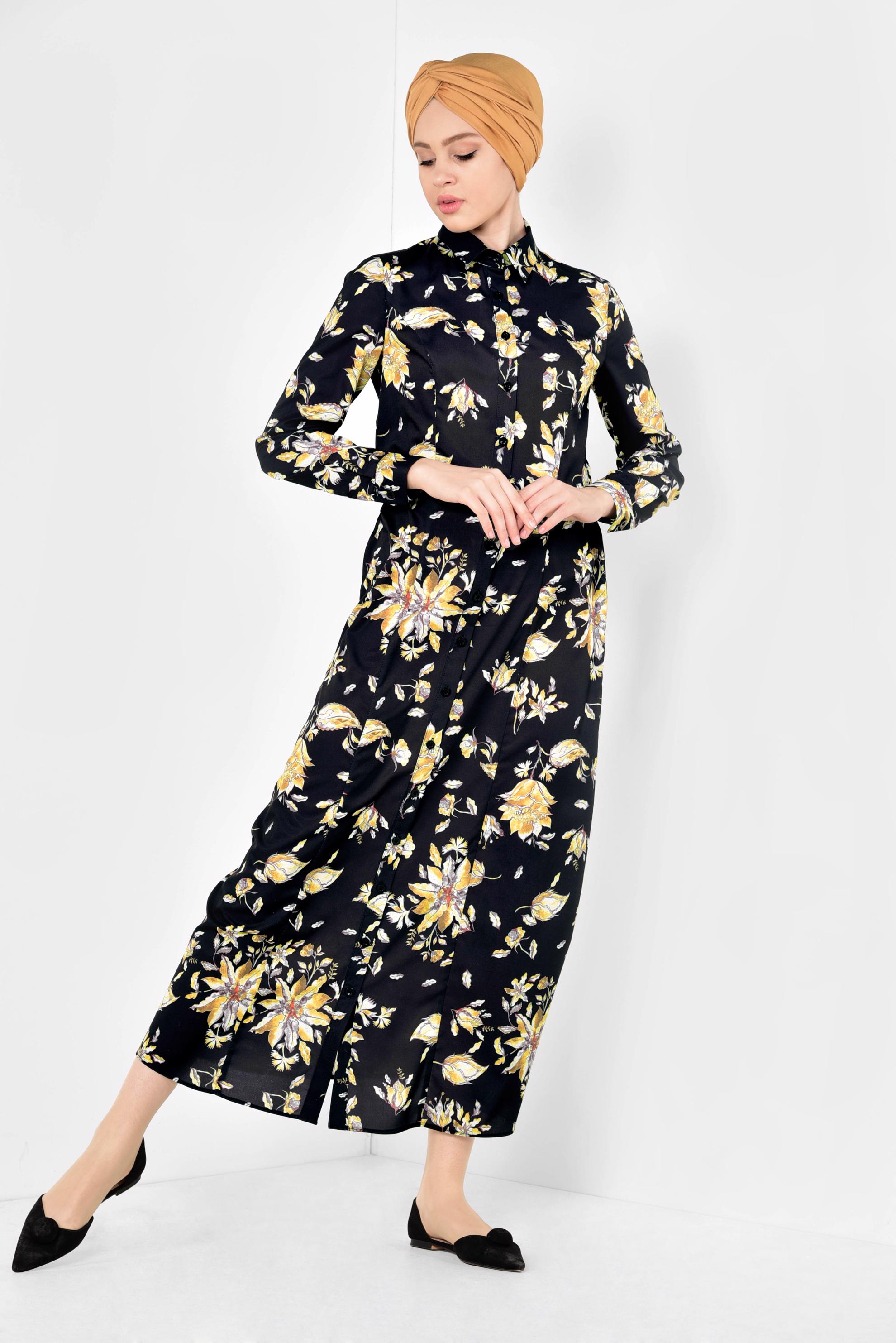 Tesettür giyim SİYAH FLORAL DESENLİ UZUN TUNİK 4940