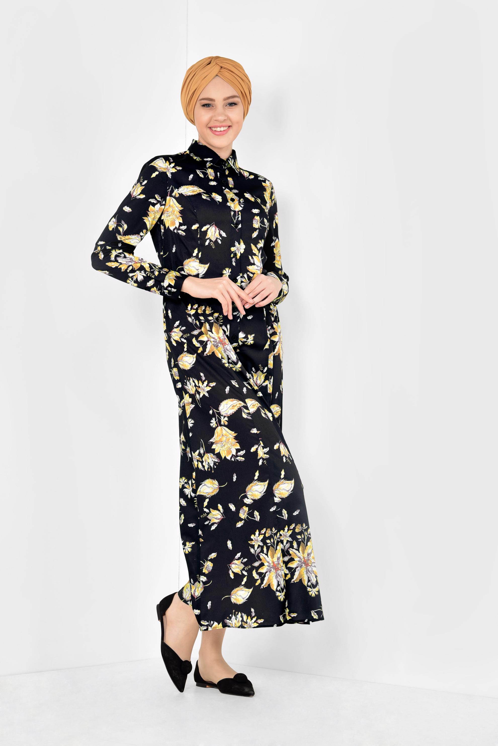 Tesettür giyim SİYAH FLORAL DESENLİ UZUN TUNİK 4940