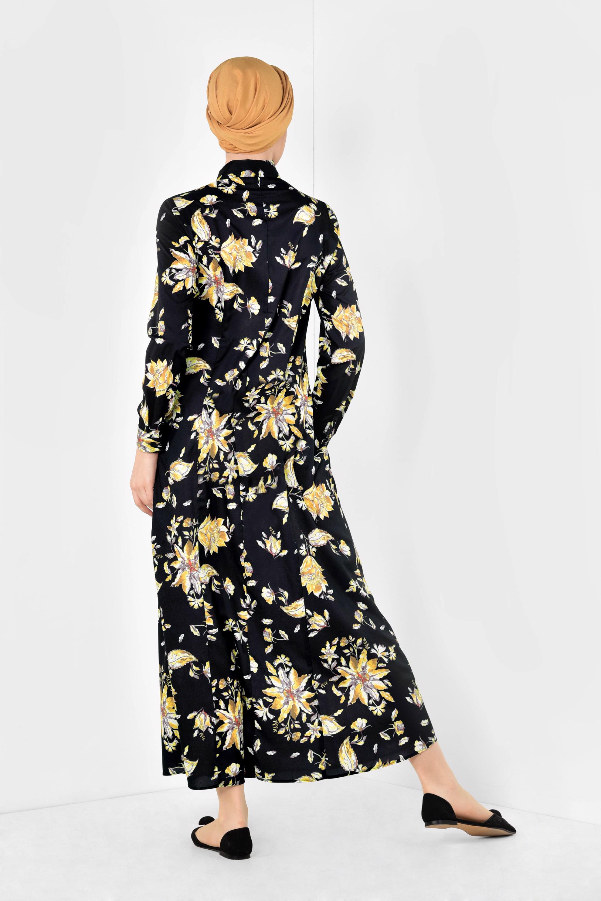 Tesettür giyim SİYAH FLORAL DESENLİ UZUN TUNİK 4940