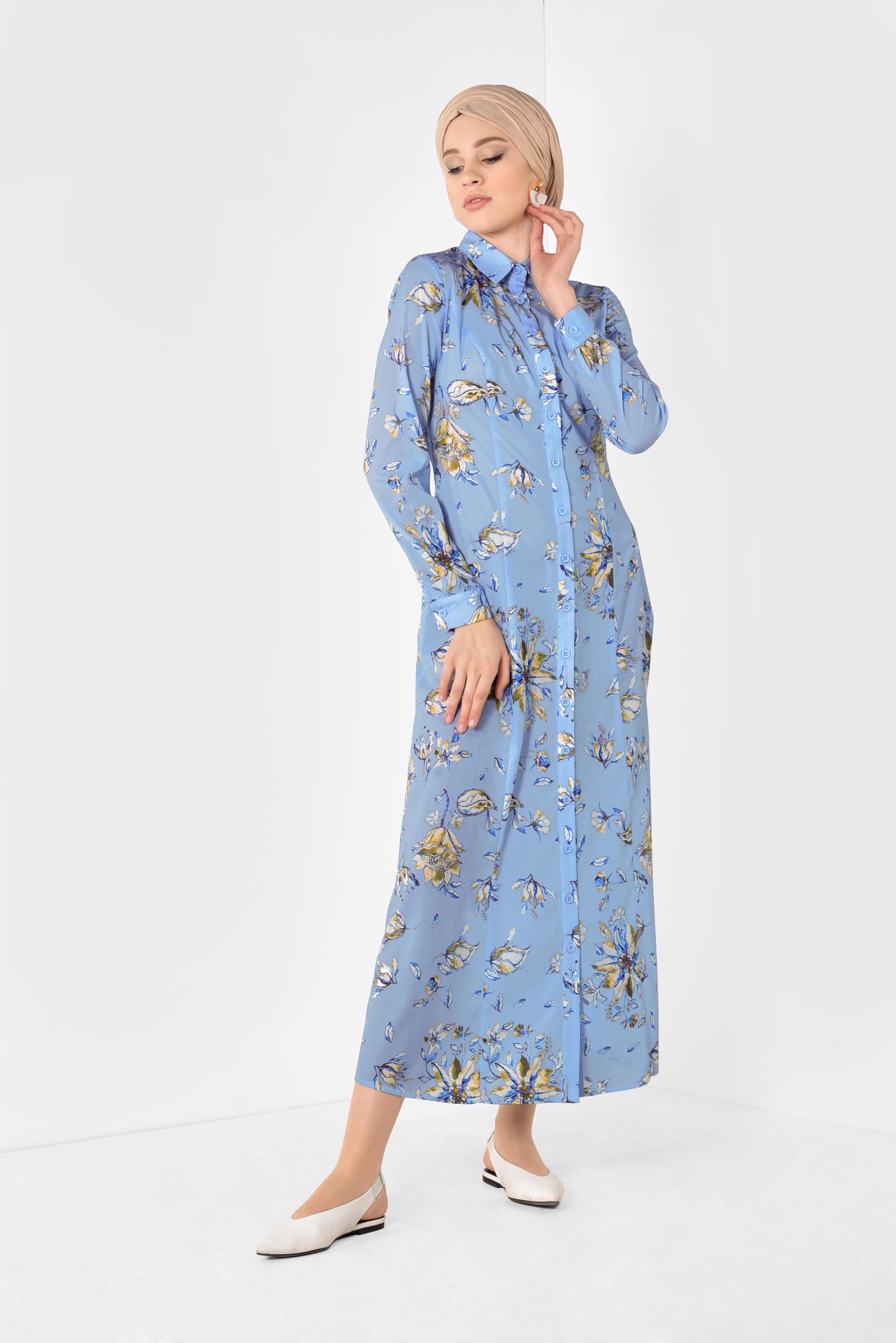 Tesettür giyim MAVİ FLORAL DESENLİ UZUN TUNİK 4940