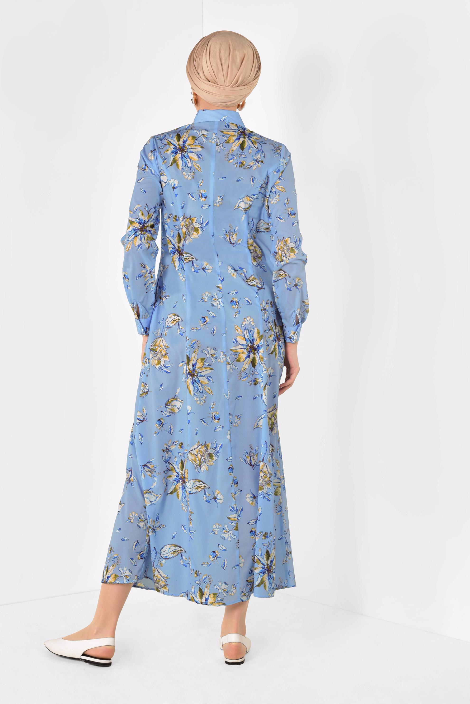 Tesettür giyim MAVİ FLORAL DESENLİ UZUN TUNİK 4940