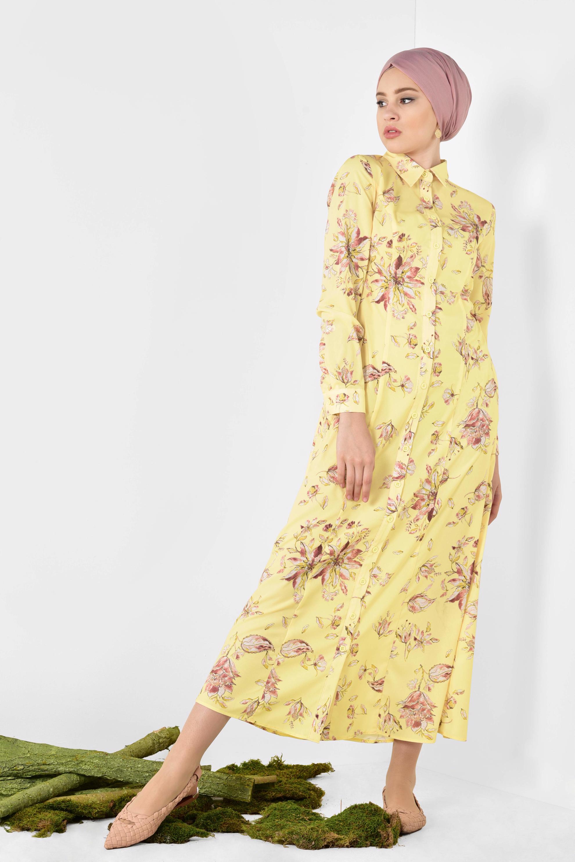 Tesettür giyim SARI FLORAL DESENLİ UZUN TUNİK 4940