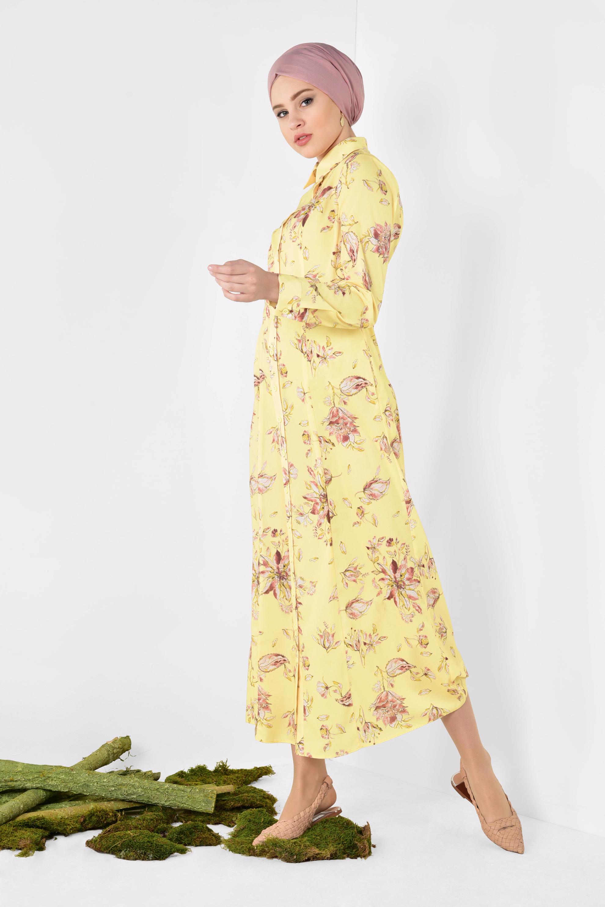 Tesettür giyim SARI FLORAL DESENLİ UZUN TUNİK 4940
