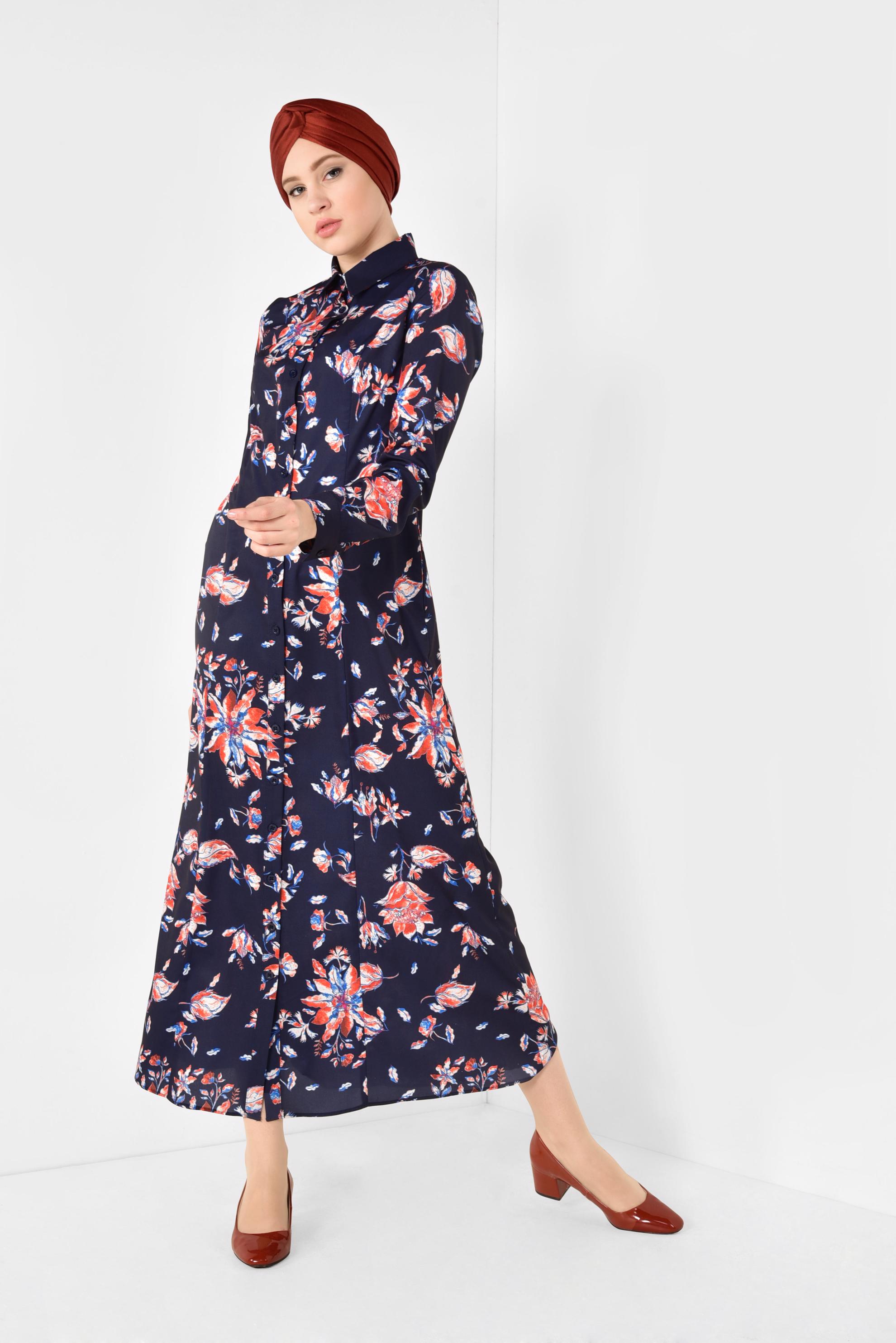 Tesettür giyim LACİVERT FLORAL DESENLİ UZUN TUNİK 4940