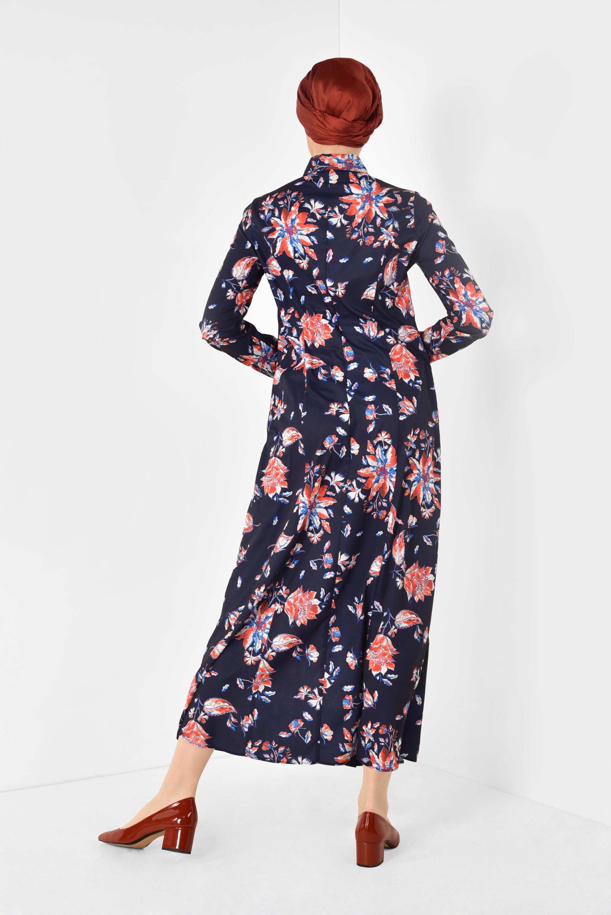 Tesettür giyim LACİVERT FLORAL DESENLİ UZUN TUNİK 4940