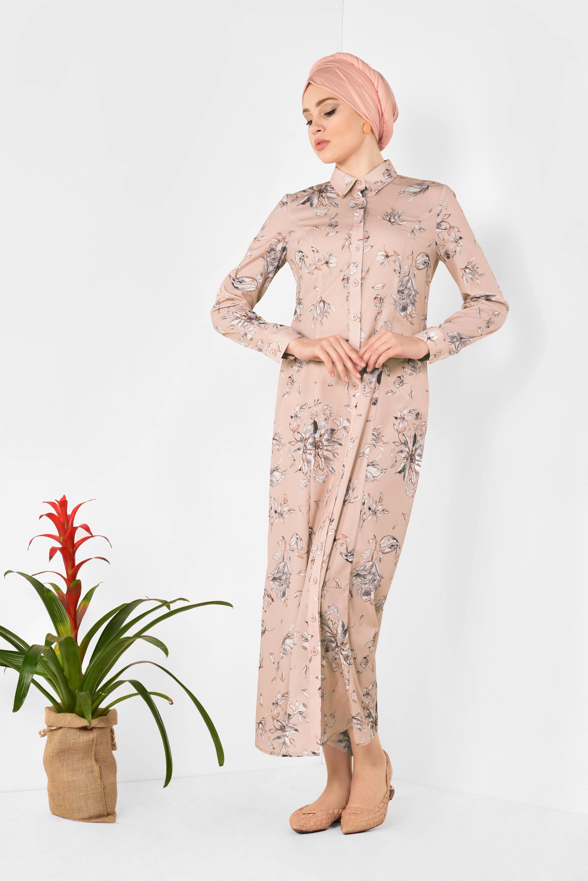 Tesettür giyim PUDRA FLORAL DESENLİ UZUN TUNİK 4940
