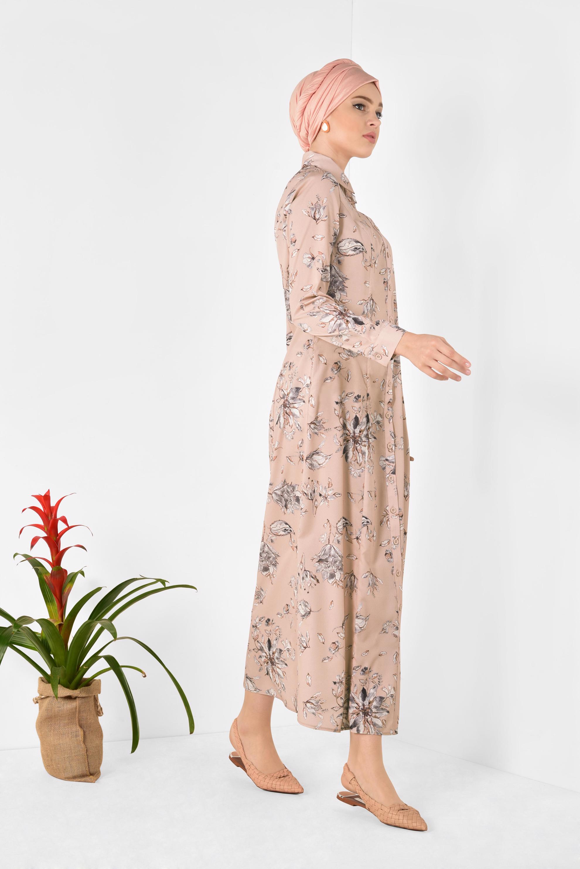 Tesettür giyim PUDRA FLORAL DESENLİ UZUN TUNİK 4940