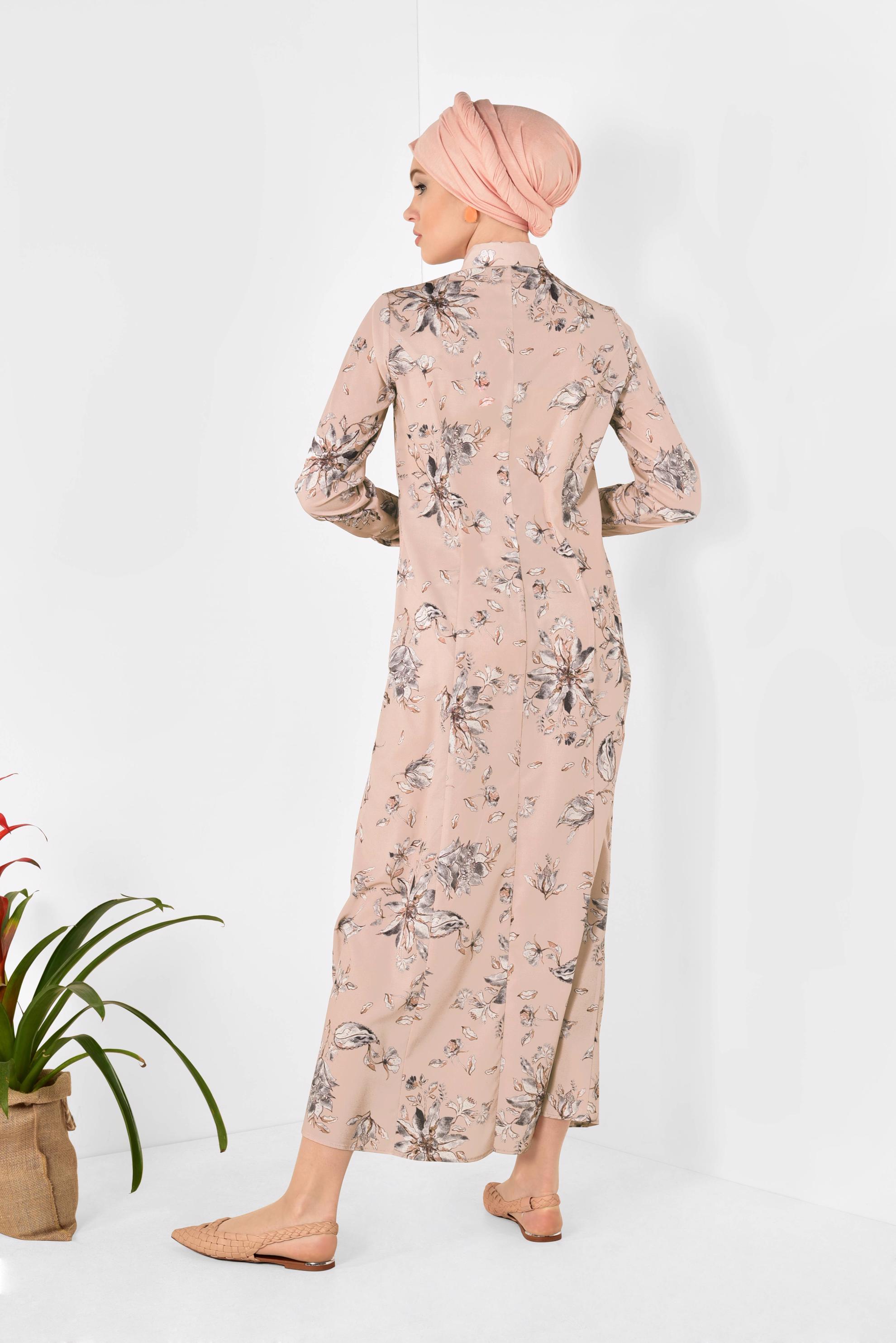 Tesettür giyim PUDRA FLORAL DESENLİ UZUN TUNİK 4940