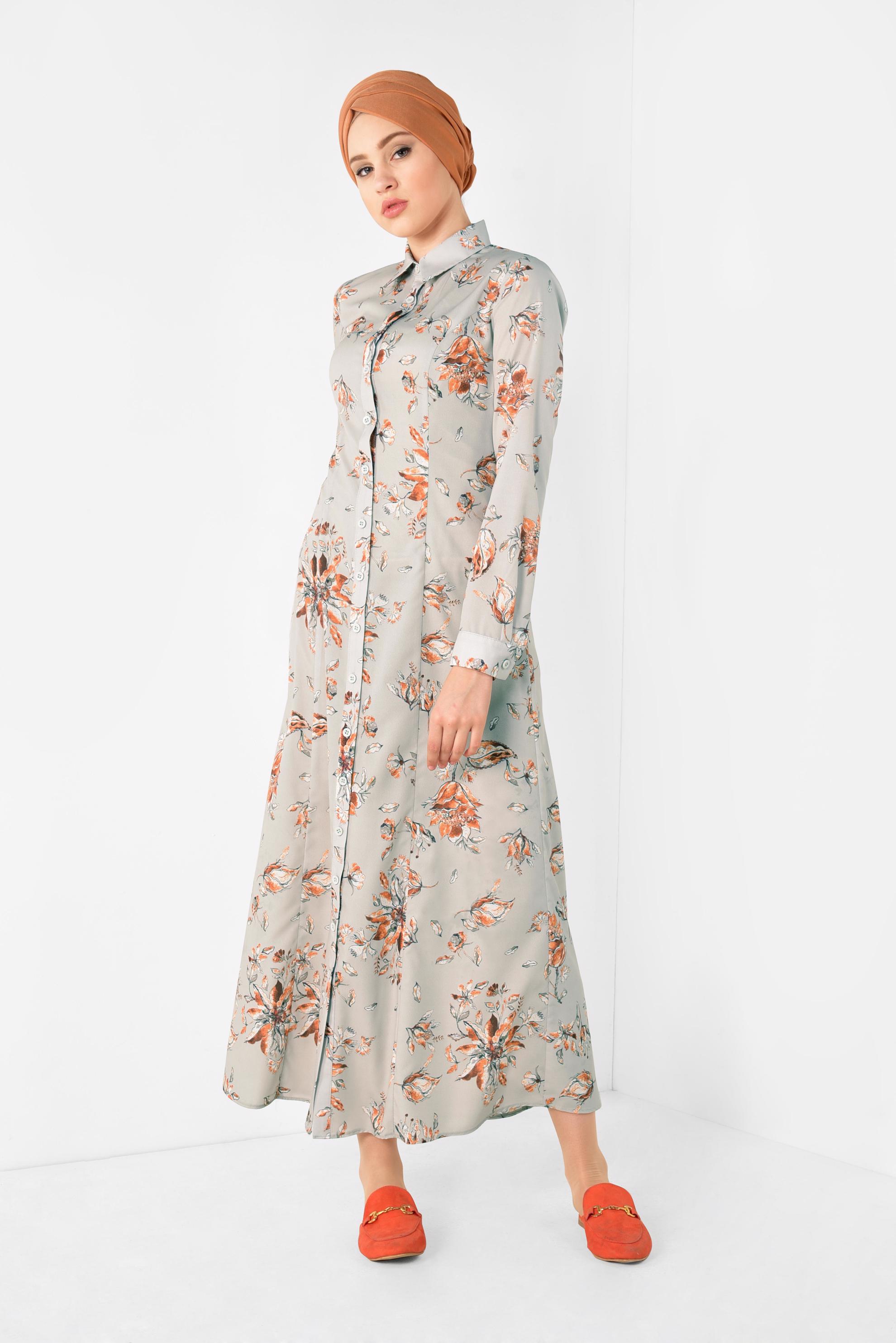 Tesettür giyim BEJ FLORAL DESENLİ UZUN TUNİK 4940