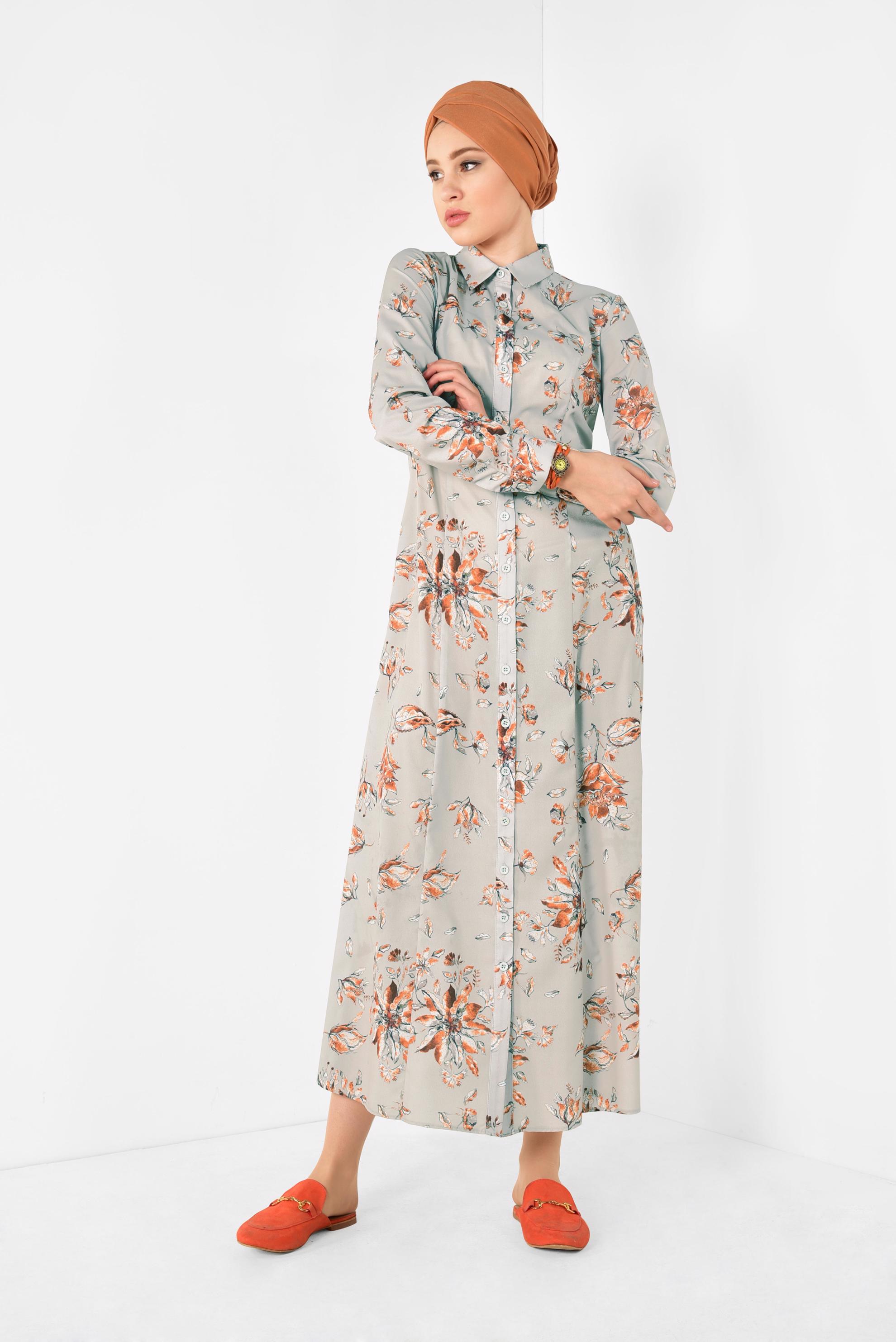 Tesettür giyim BEJ FLORAL DESENLİ UZUN TUNİK 4940