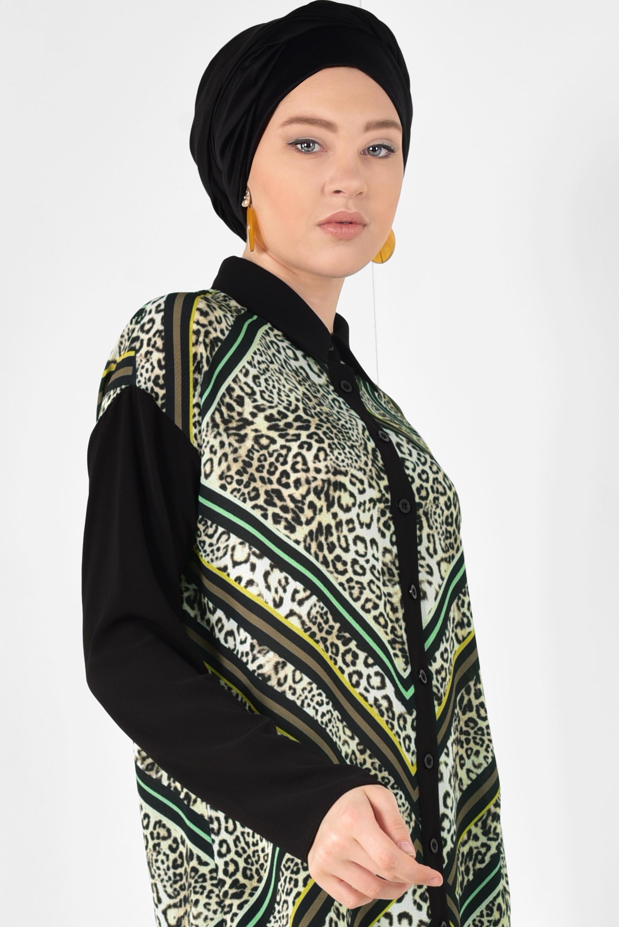 Tesettür giyim HAKİ DESENLİ DÜĞMELİ TUNİK 4964
