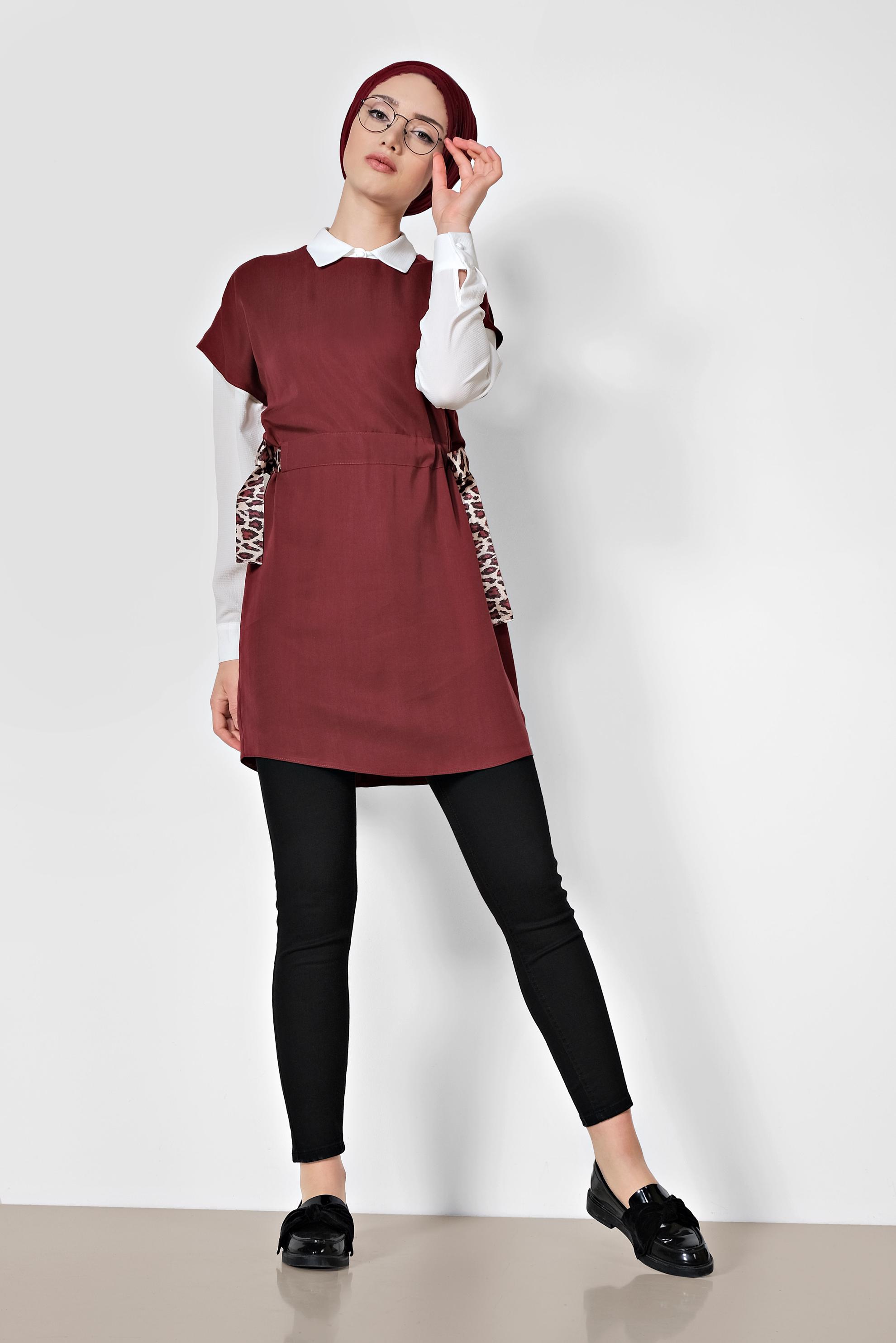 Tesettür giyim BORDO BELİ BÜZGÜLÜ İKİLİ TUNİK 4973