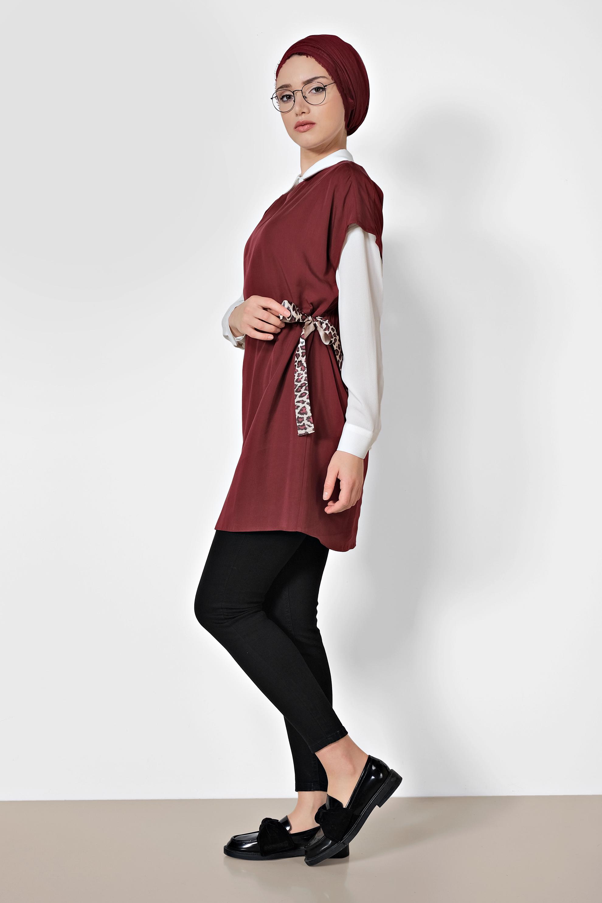 Tesettür giyim BORDO BELİ BÜZGÜLÜ İKİLİ TUNİK 4973