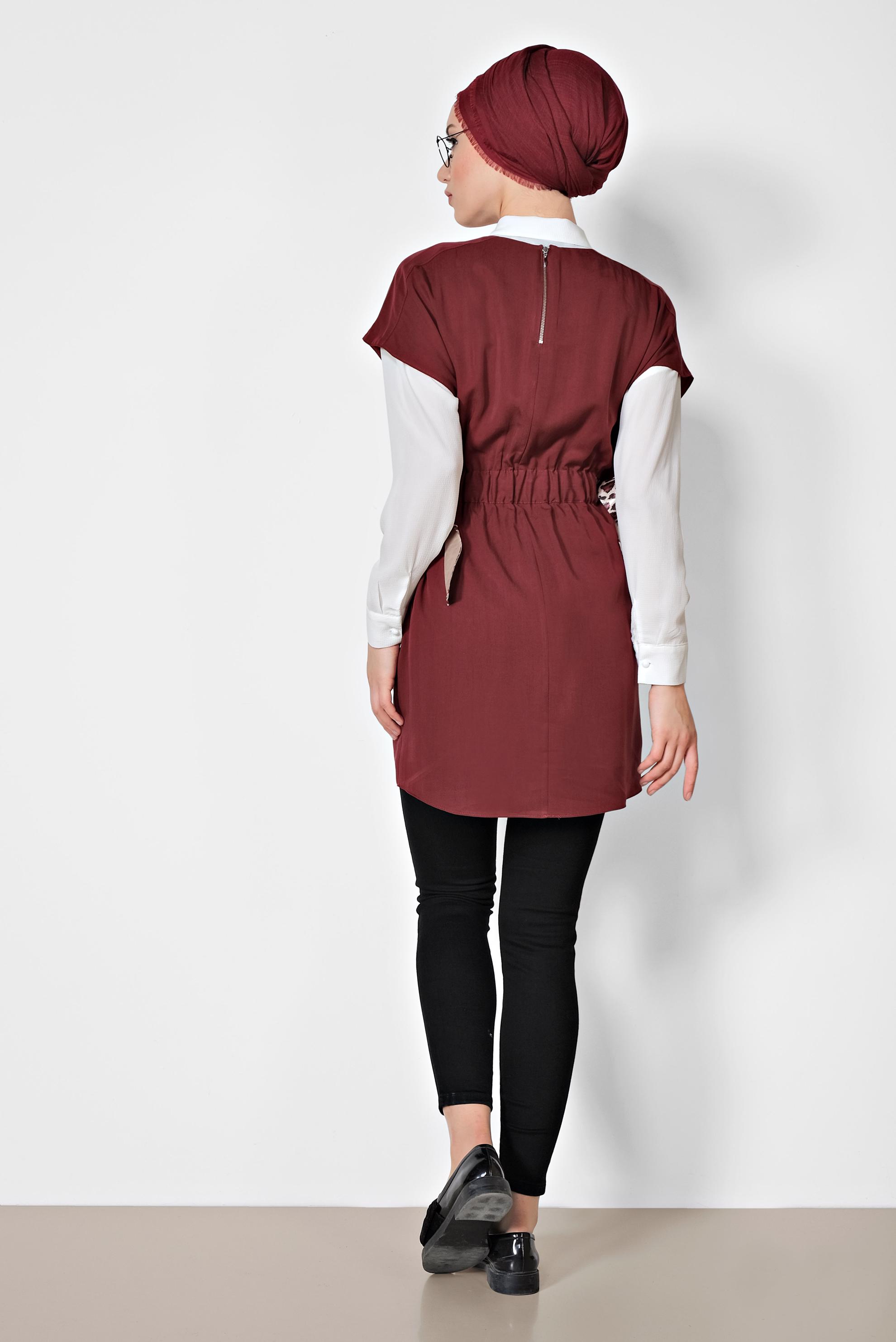 Tesettür giyim BORDO BELİ BÜZGÜLÜ İKİLİ TUNİK 4973