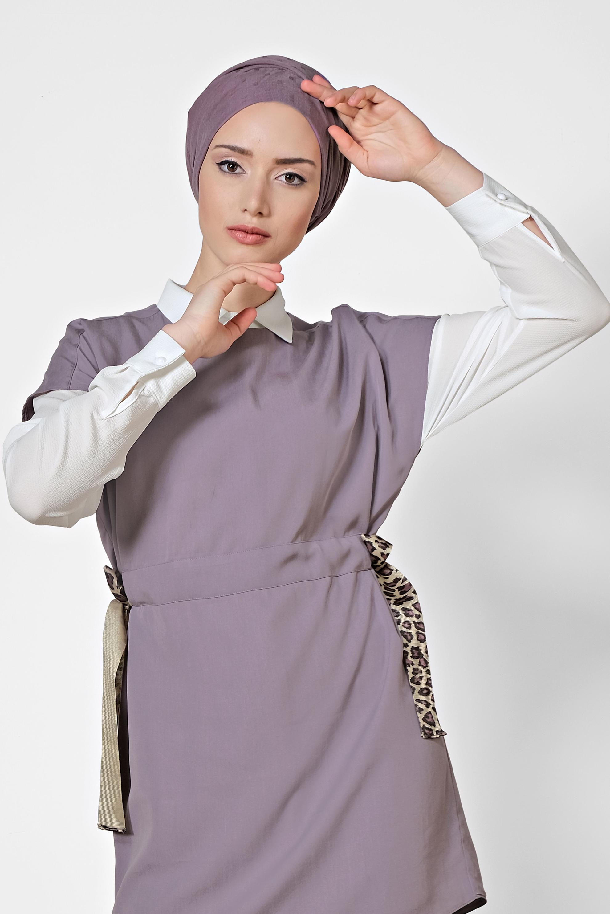 Tesettür giyim MOR BELİ BÜZGÜLÜ İKİLİ TUNİK 4973