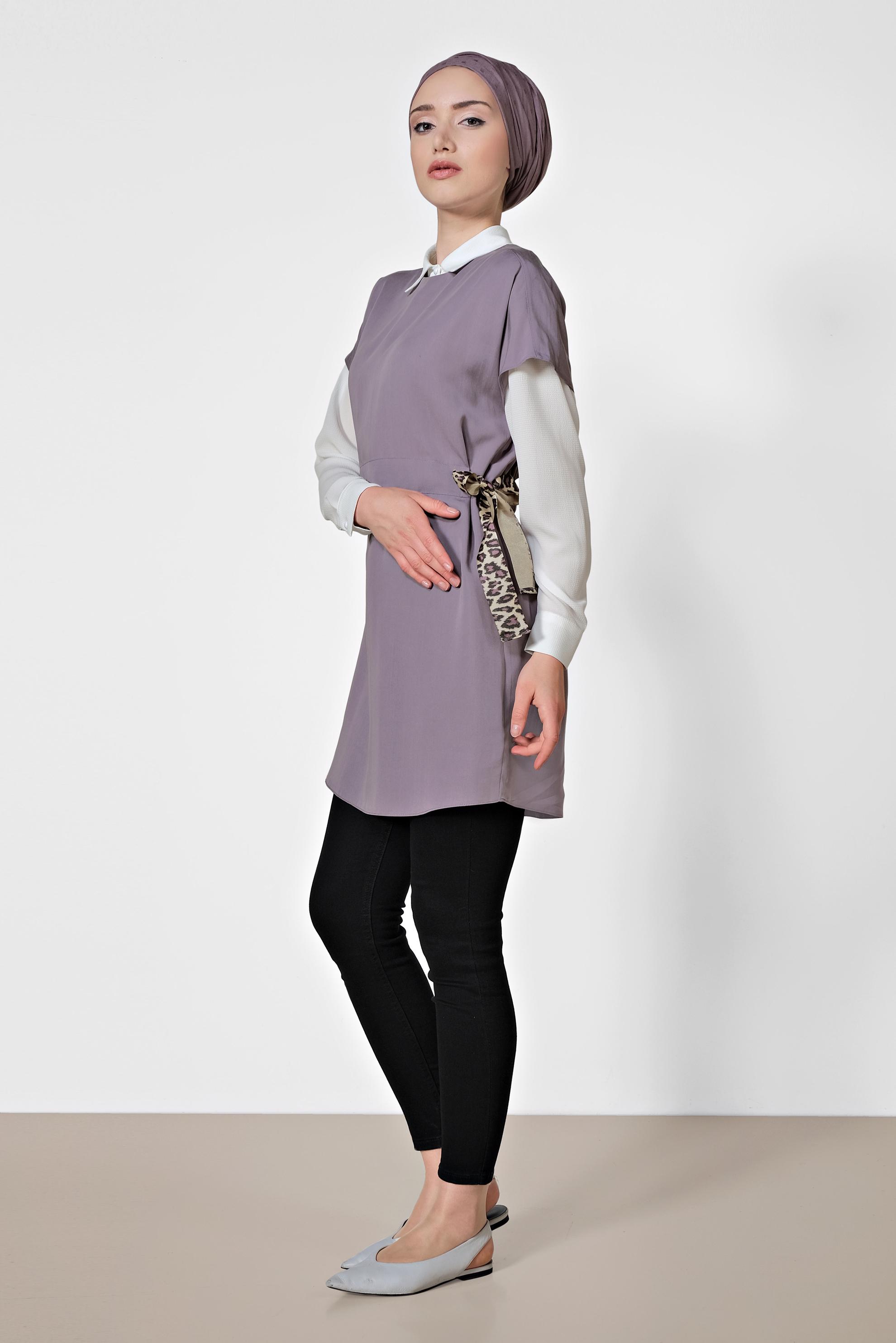 Tesettür giyim MOR BELİ BÜZGÜLÜ İKİLİ TUNİK 4973