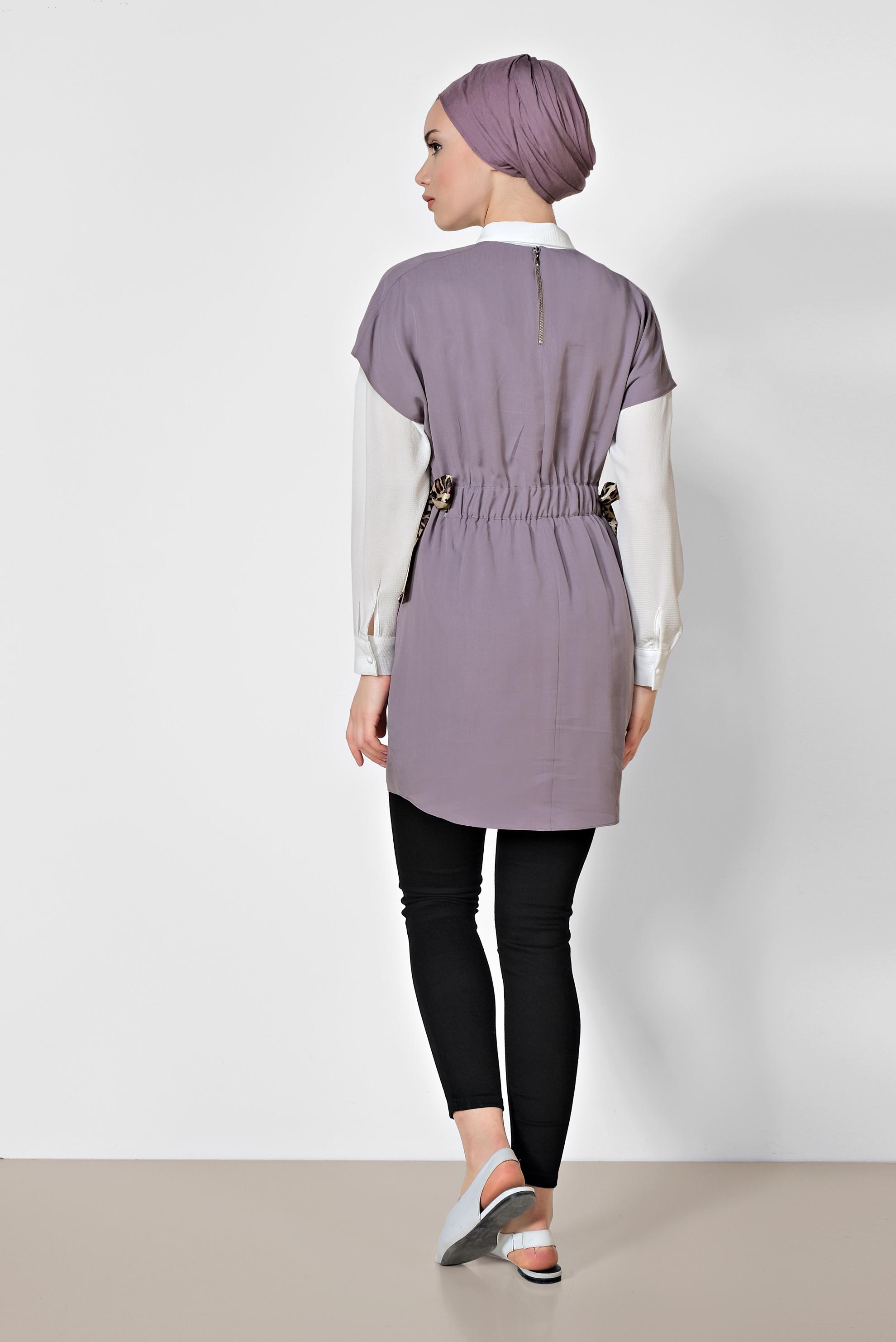 Tesettür giyim MOR BELİ BÜZGÜLÜ İKİLİ TUNİK 4973