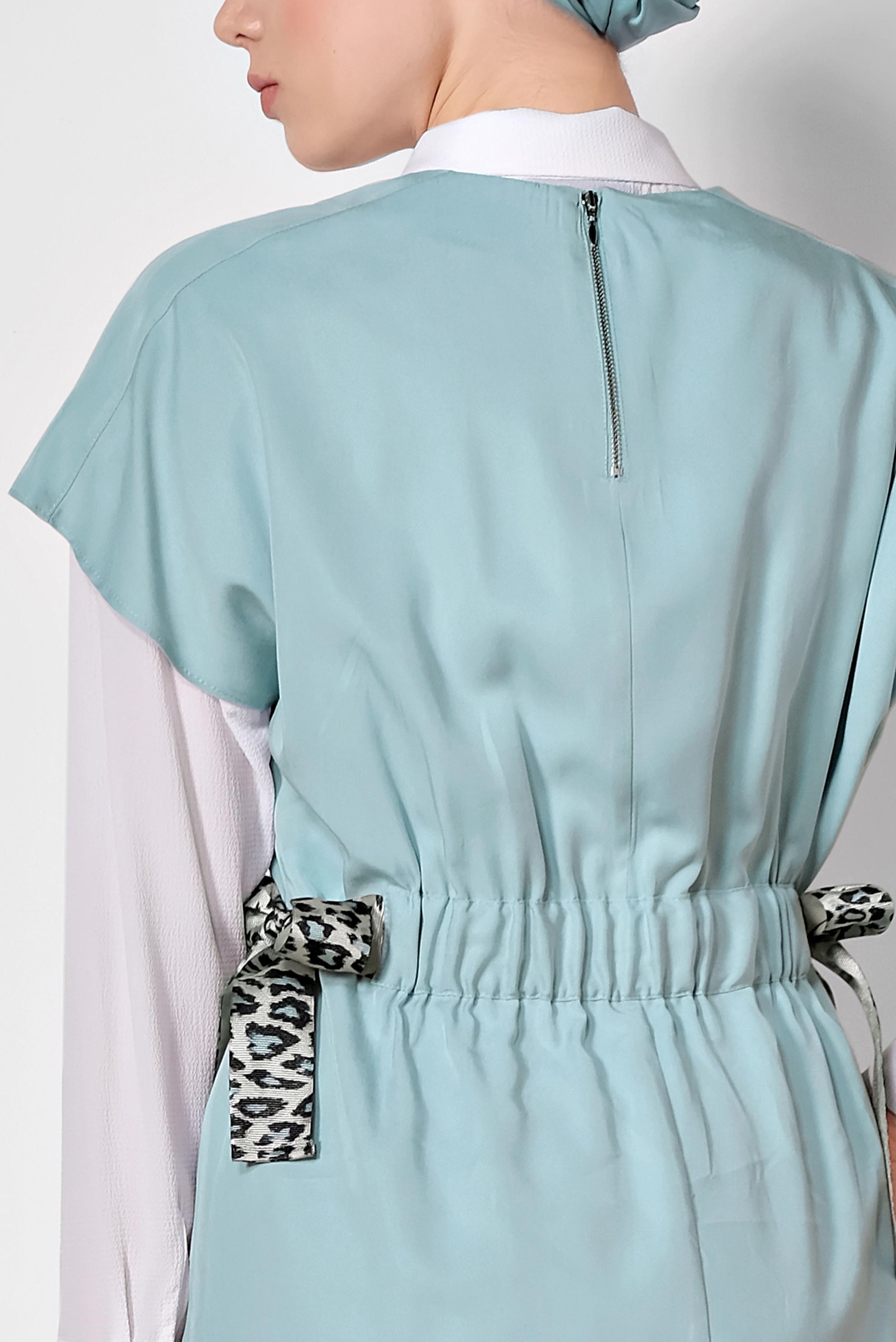 Tesettür giyim MAVİ BELİ BÜZGÜLÜ İKİLİ TUNİK 4973