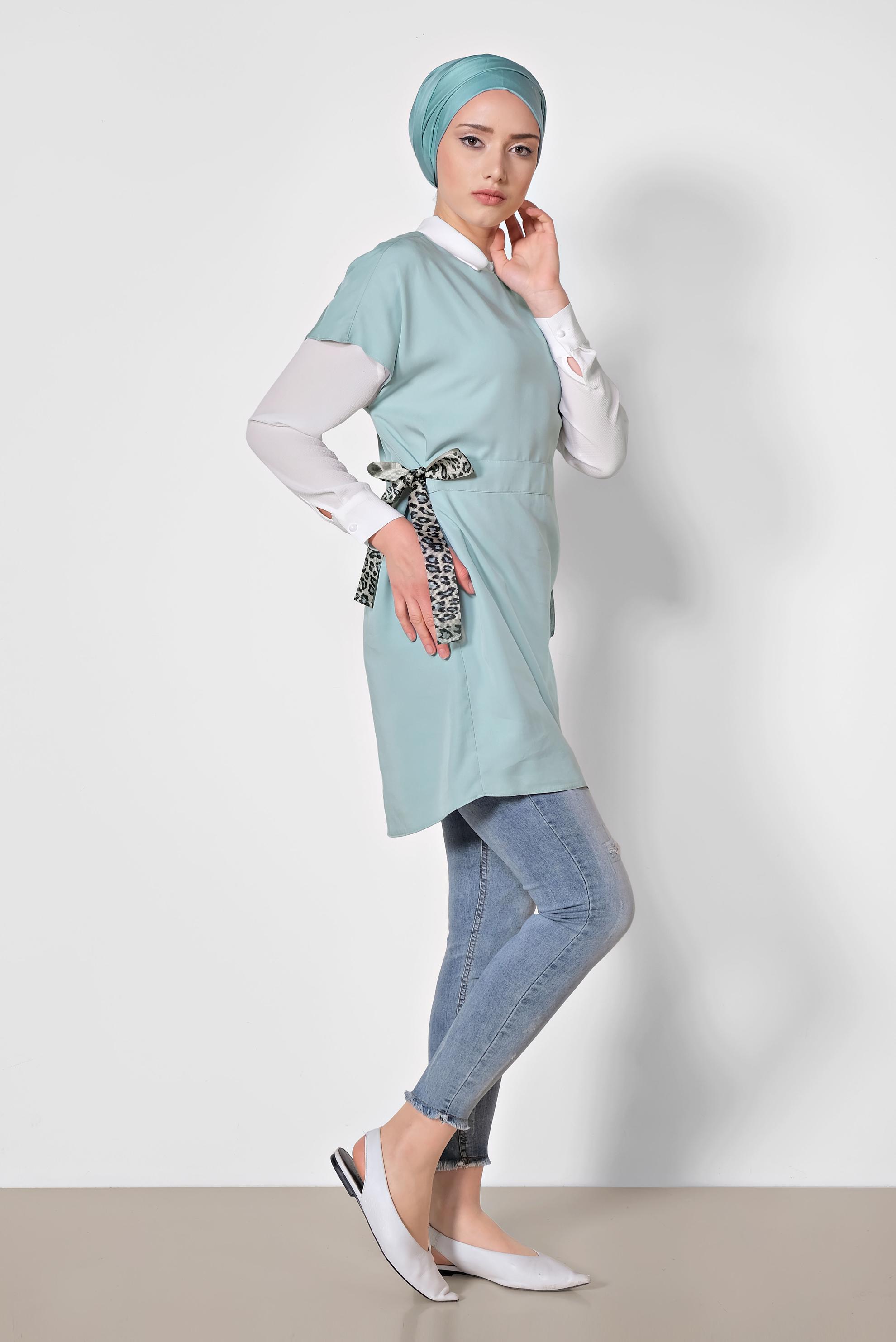 Tesettür giyim MAVİ BELİ BÜZGÜLÜ İKİLİ TUNİK 4973