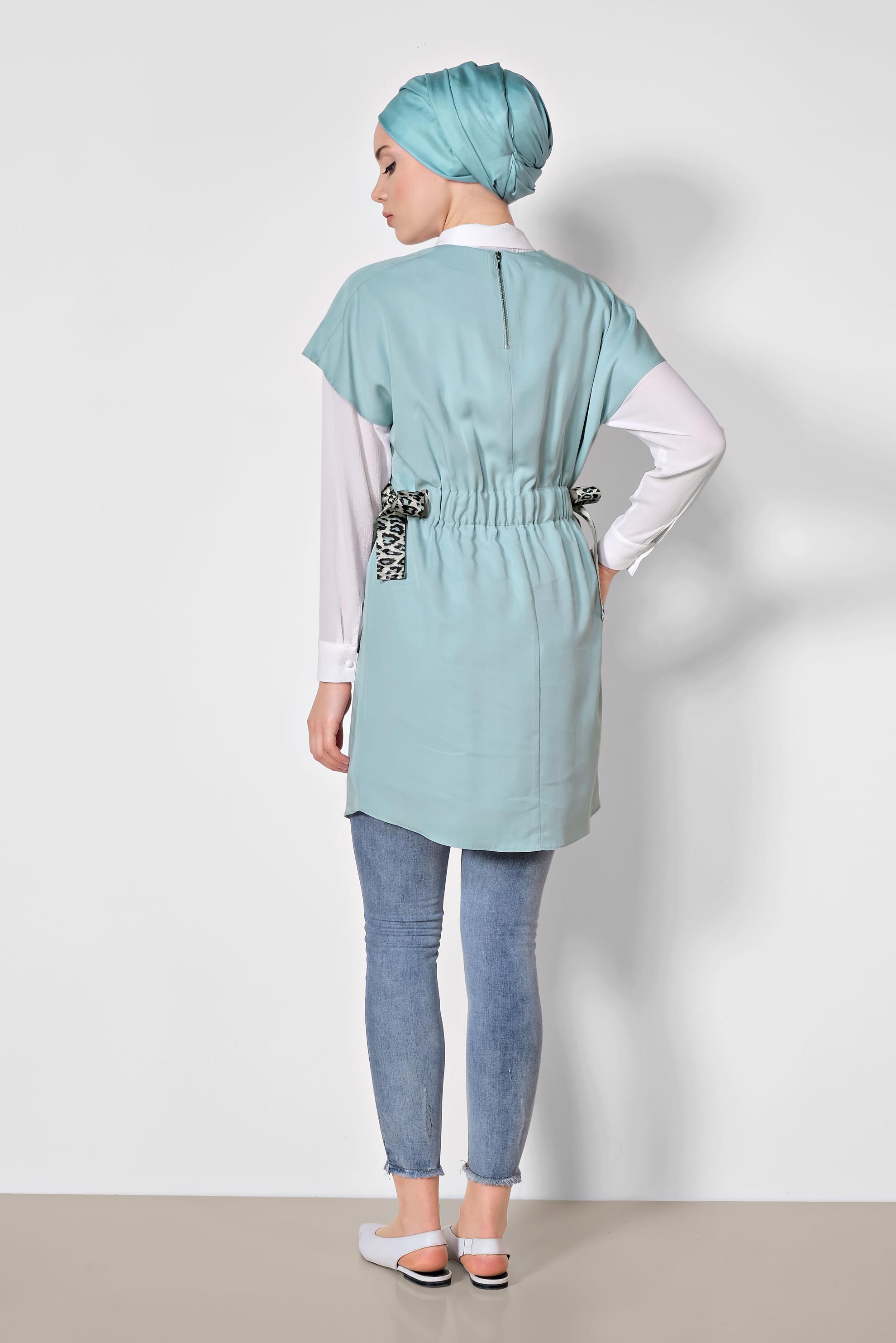 Tesettür giyim MAVİ BELİ BÜZGÜLÜ İKİLİ TUNİK 4973