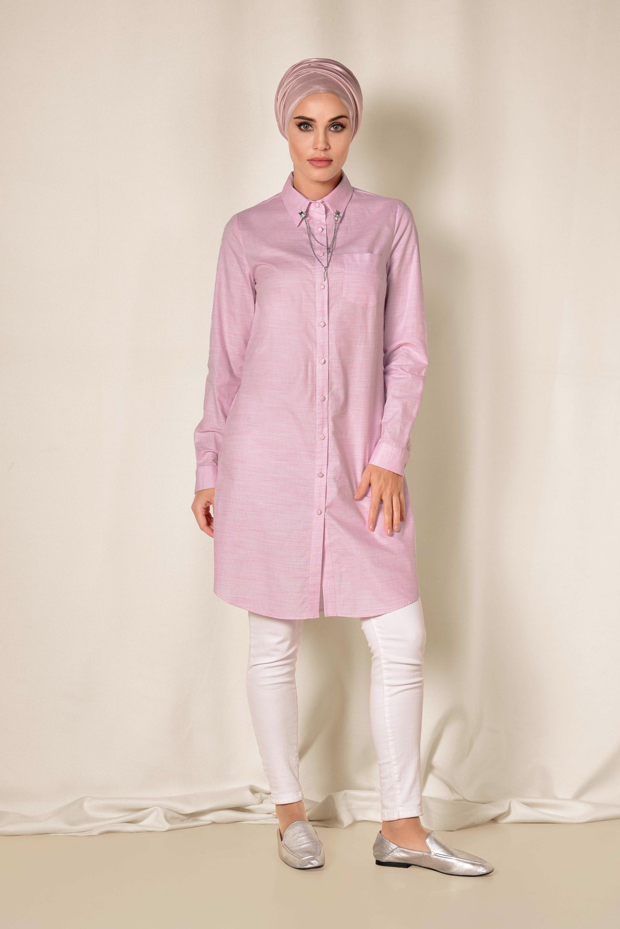 Tesettür giyim PEMBE YAKASI ZİNCİRLİ ÖNDEN DÜĞMELİ TUNİK 4987