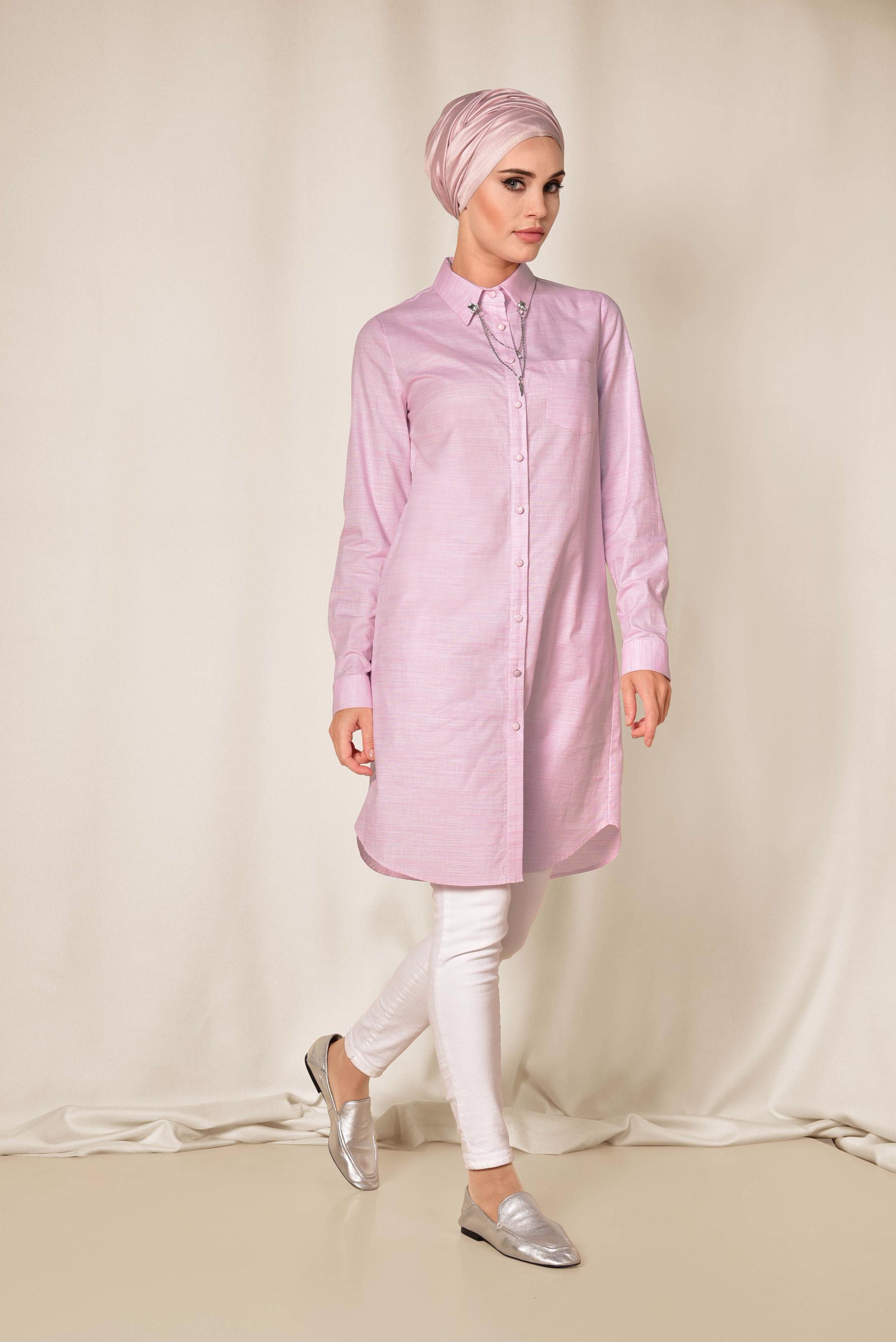 Tesettür giyim PEMBE YAKASI ZİNCİRLİ ÖNDEN DÜĞMELİ TUNİK 4987