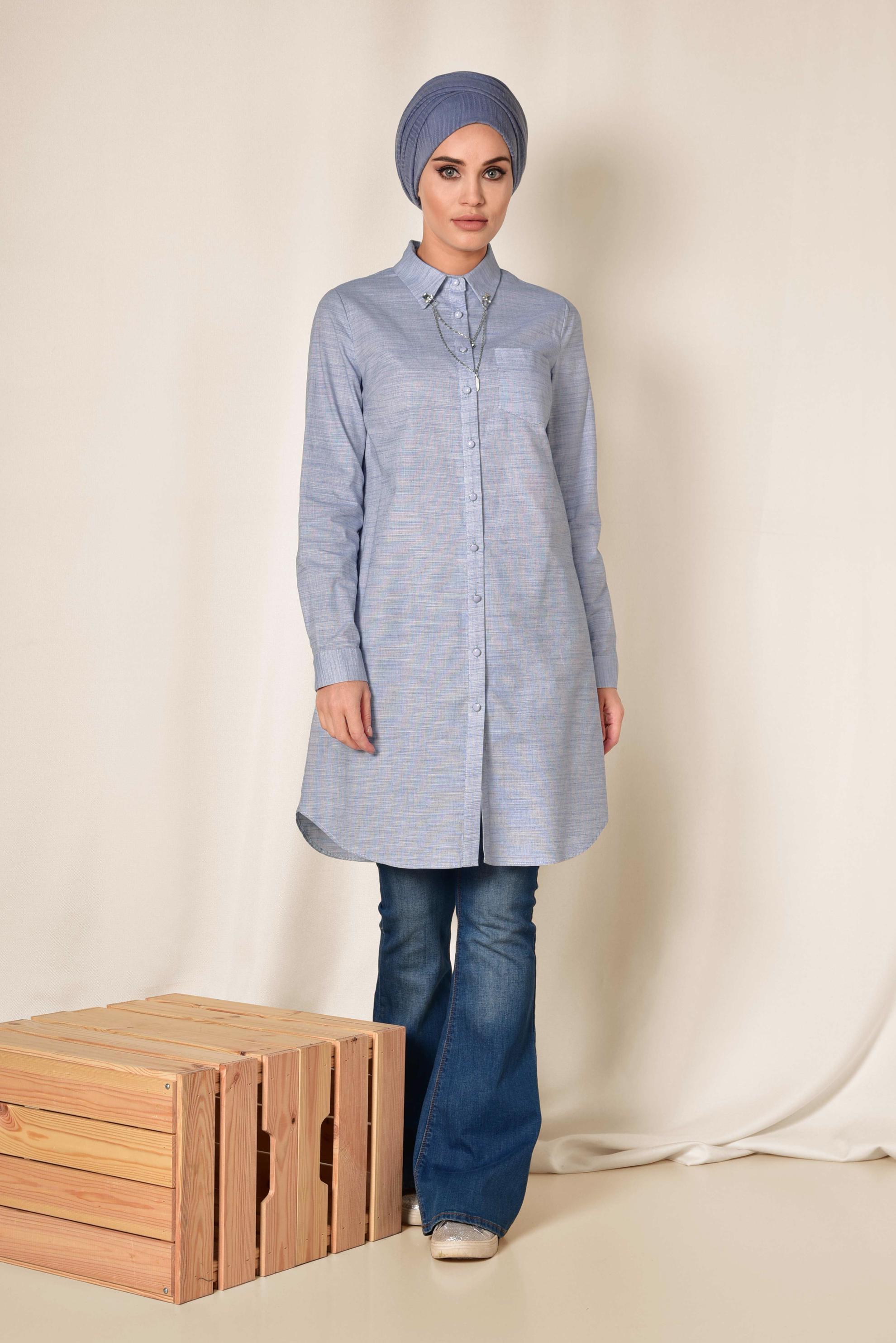 Tesettür giyim LACİVERT YAKASI ZİNCİRLİ ÖNDEN DÜĞMELİ TUNİK 4987